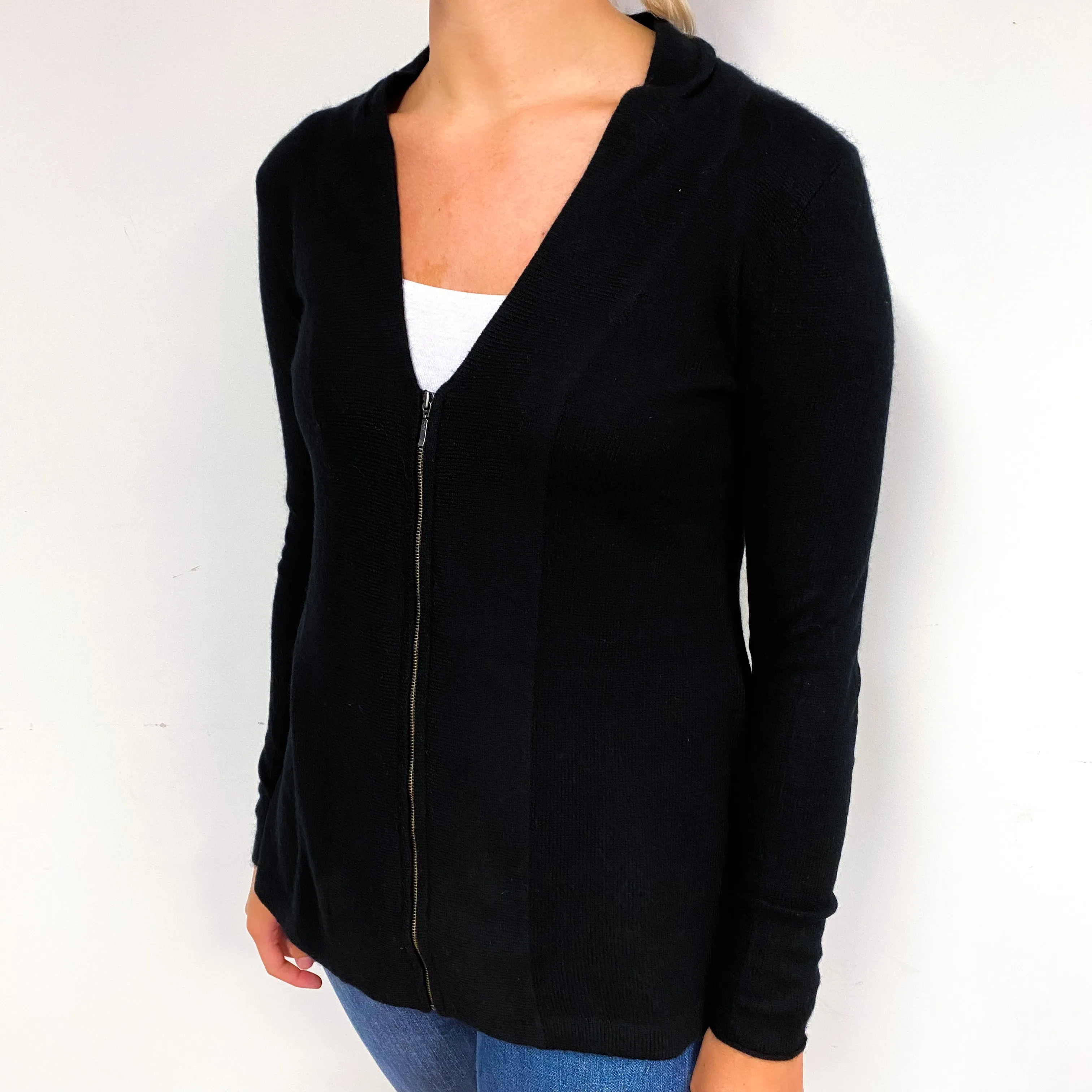 Black Cashmere Zip Front V-Neck Cardigan Small