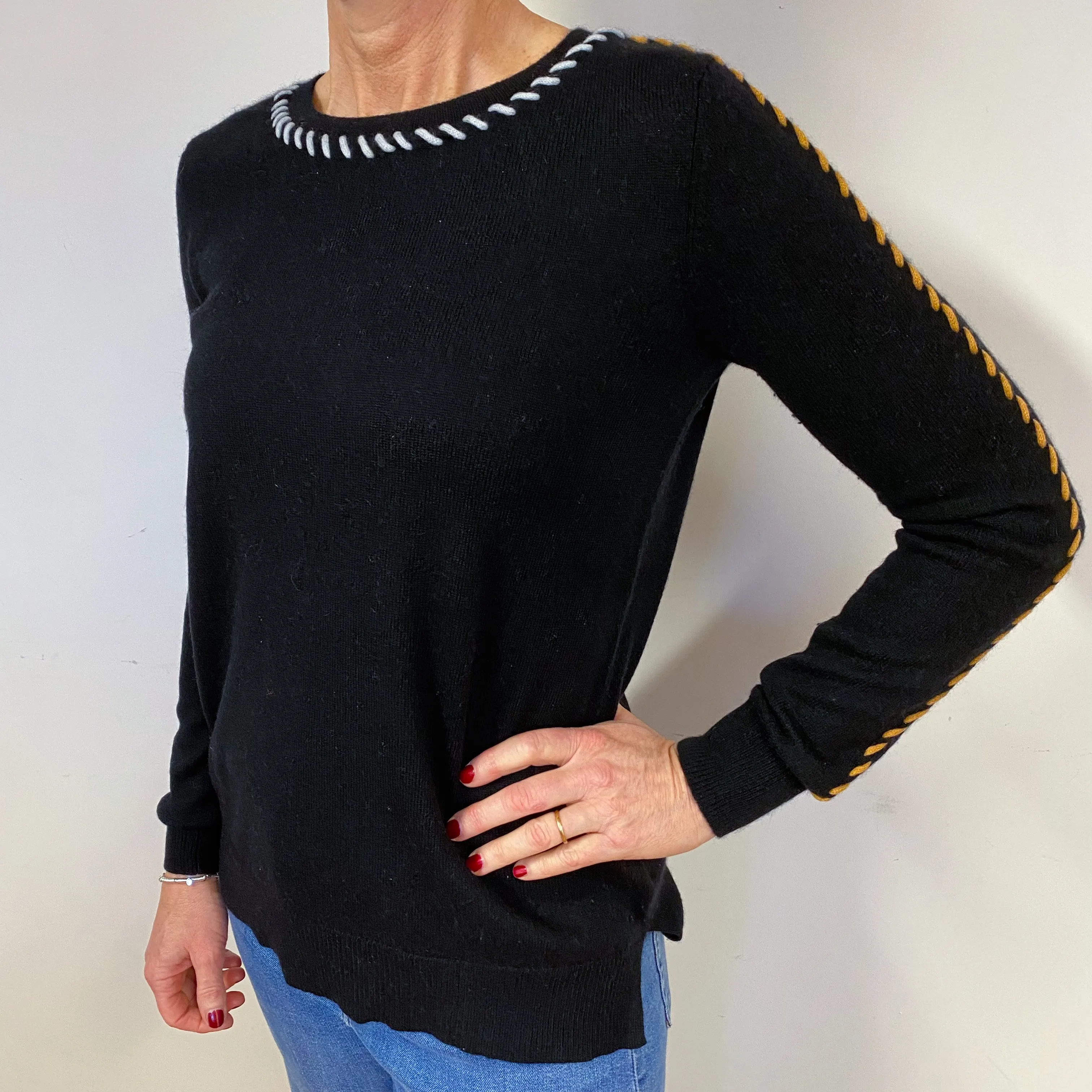 Black Colourful Stitch Cashmere Crew Neck Jumper Medium