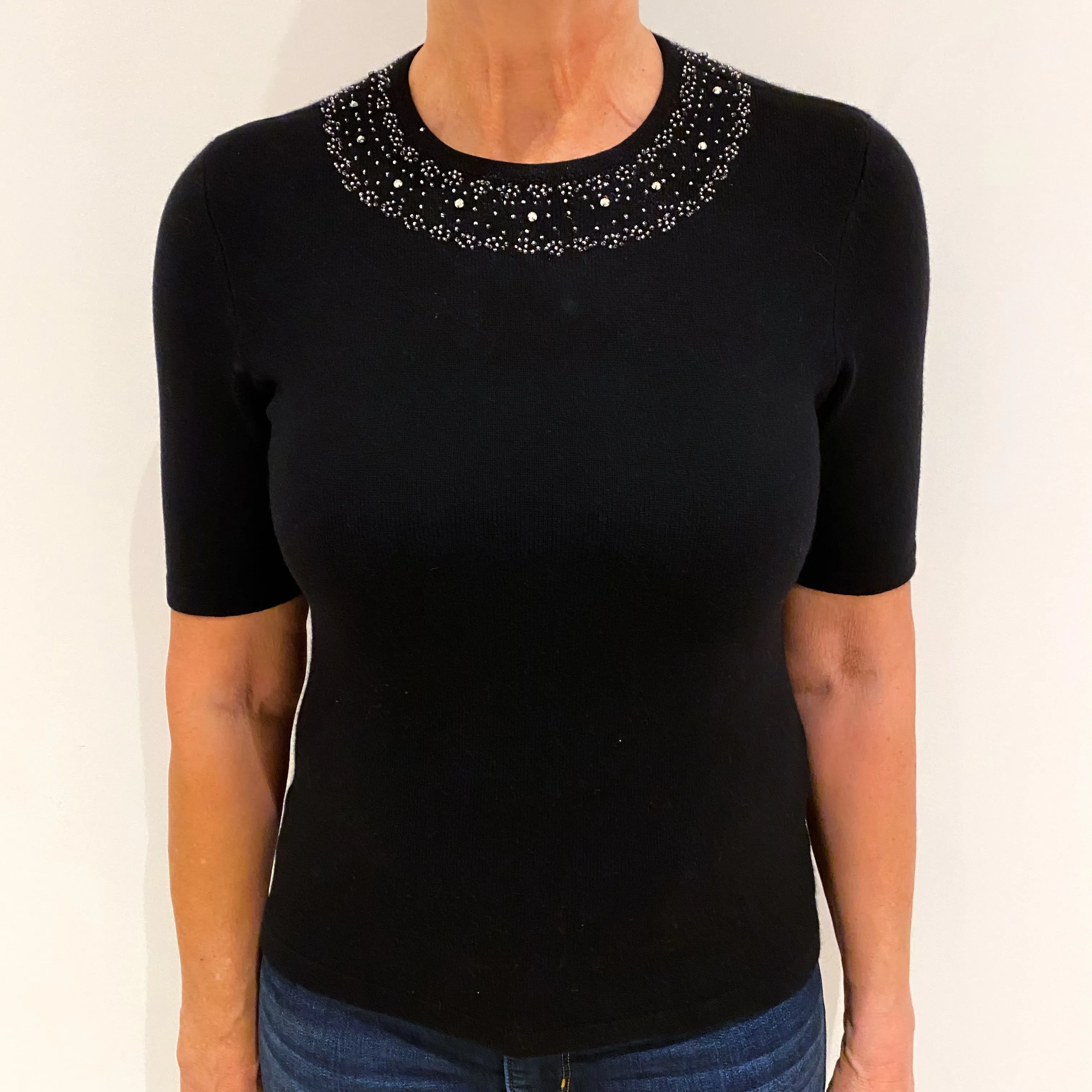 Black Embellished Cashmere Short Sleeve Crew Neck Jumper Medium