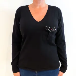 Black Embellished Chest Pocket Cashmere V-Neck Jumper Large