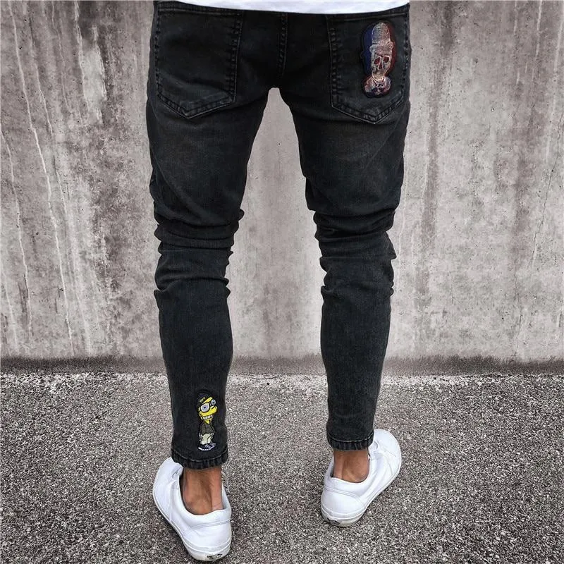 Black Embroidered Skinny Ankle Zipper Jeans