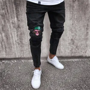 Black Embroidered Skinny Ankle Zipper Jeans