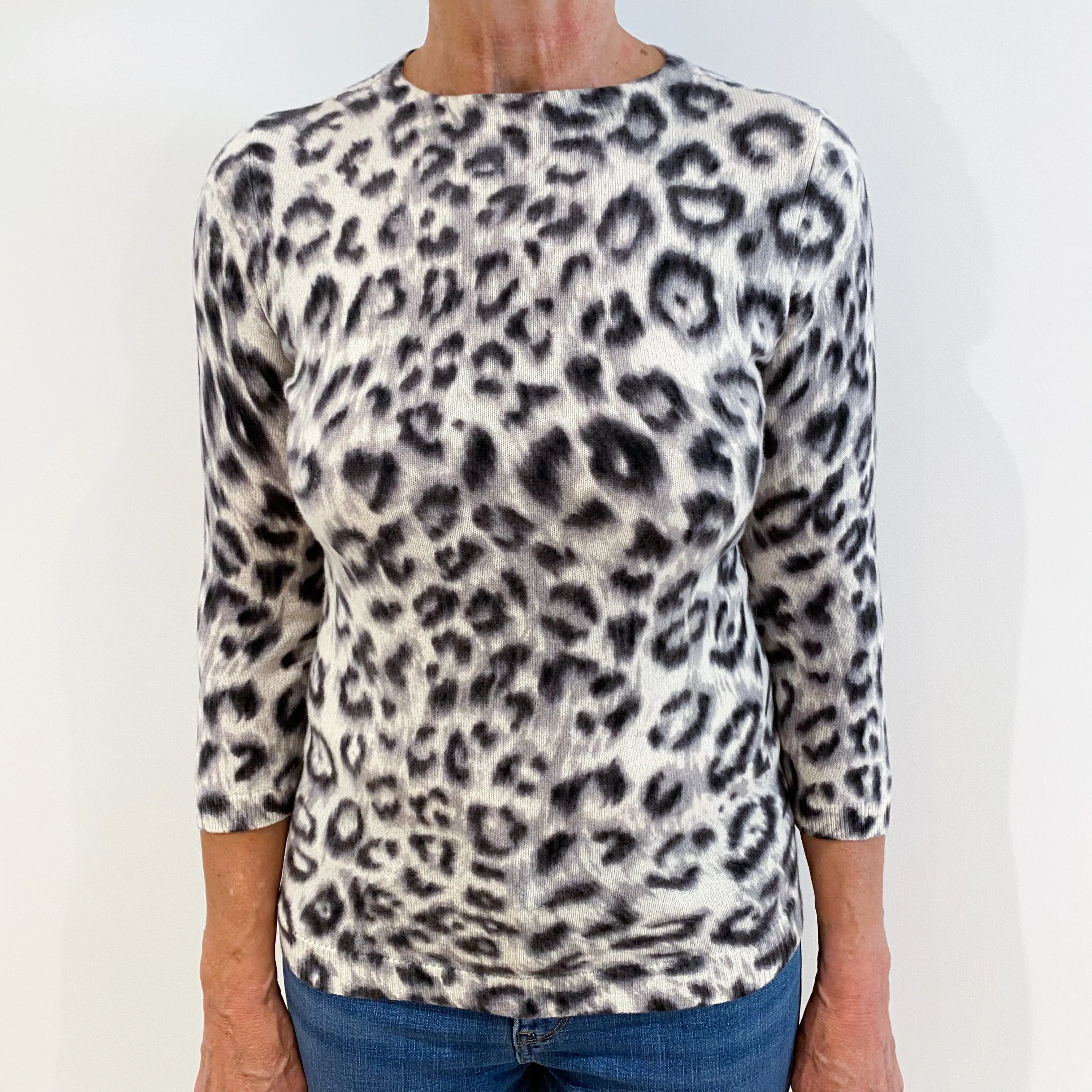 Black, Grey and Cream Animal Print Cashmere Crew Neck Jumper Medium