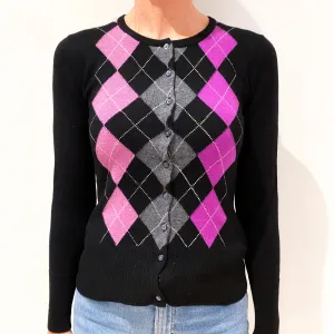 Black, Grey and Magenta Pink Argyle Cashmere Crew Neck Cardigan Small