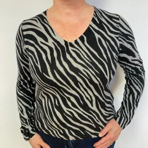 Black Grey Animal Print Cashmere V-Neck Jumper Large.