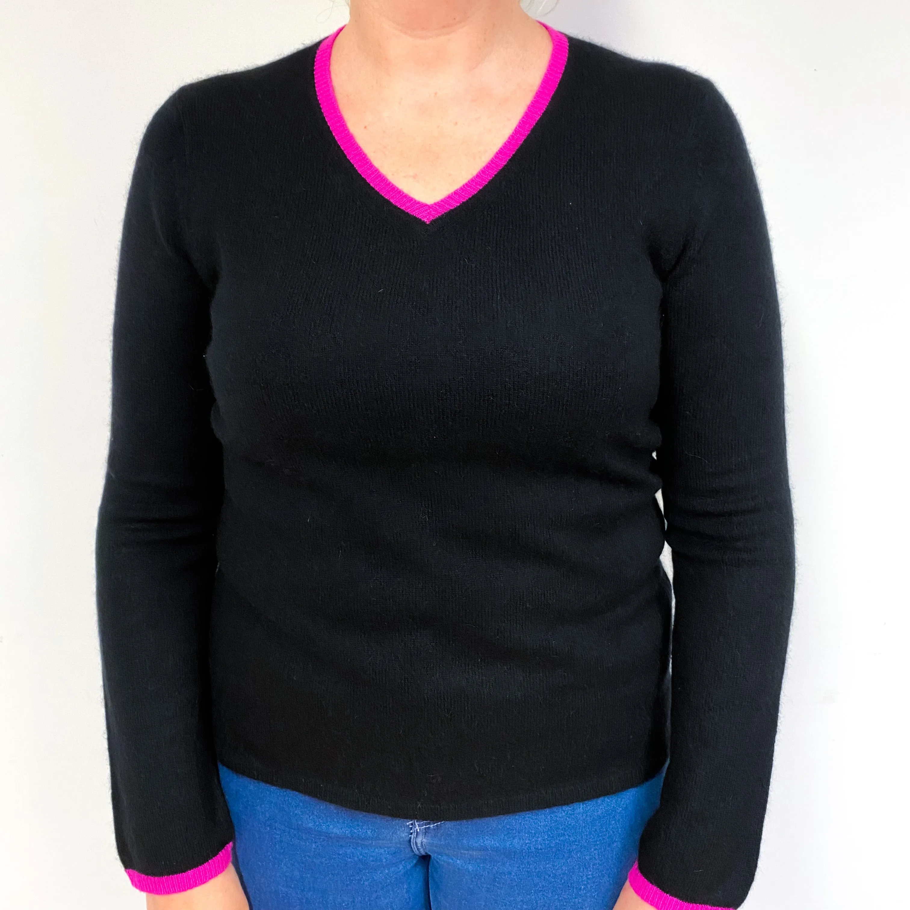 Black Hot Pink Trim Cashmere V-Neck Jumper Large