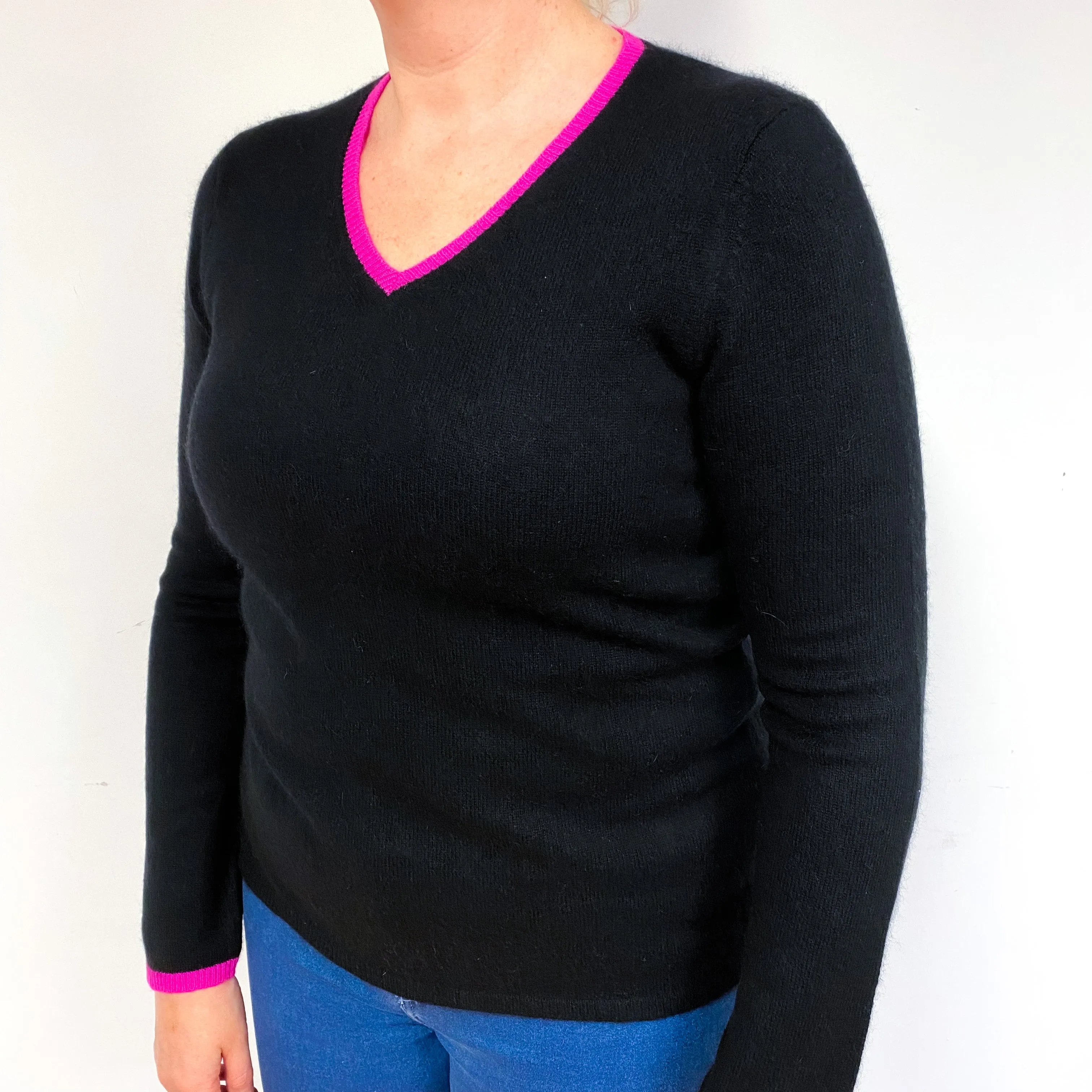 Black Hot Pink Trim Cashmere V-Neck Jumper Large