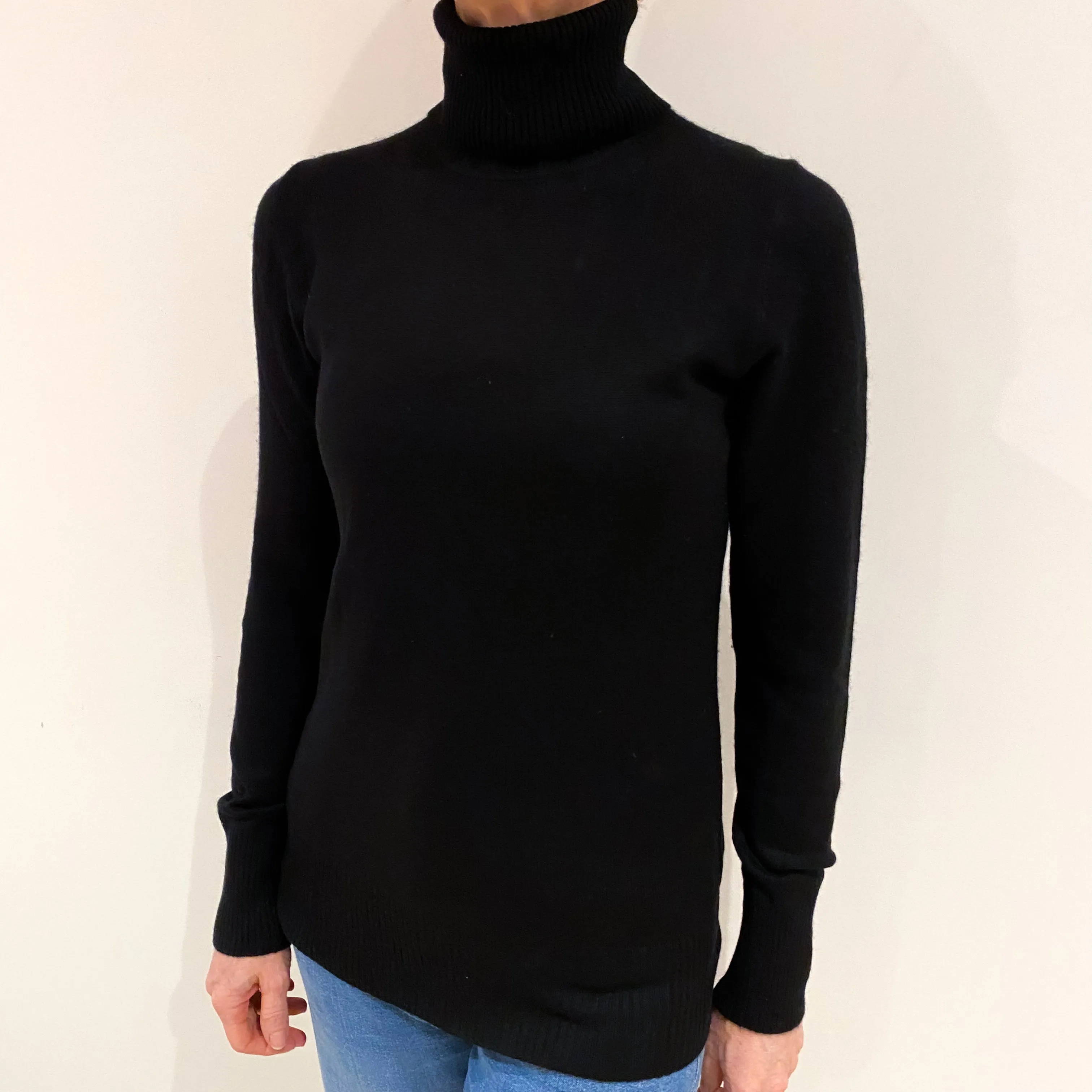 Black Longline Cashmere Polo Neck Jumper Small