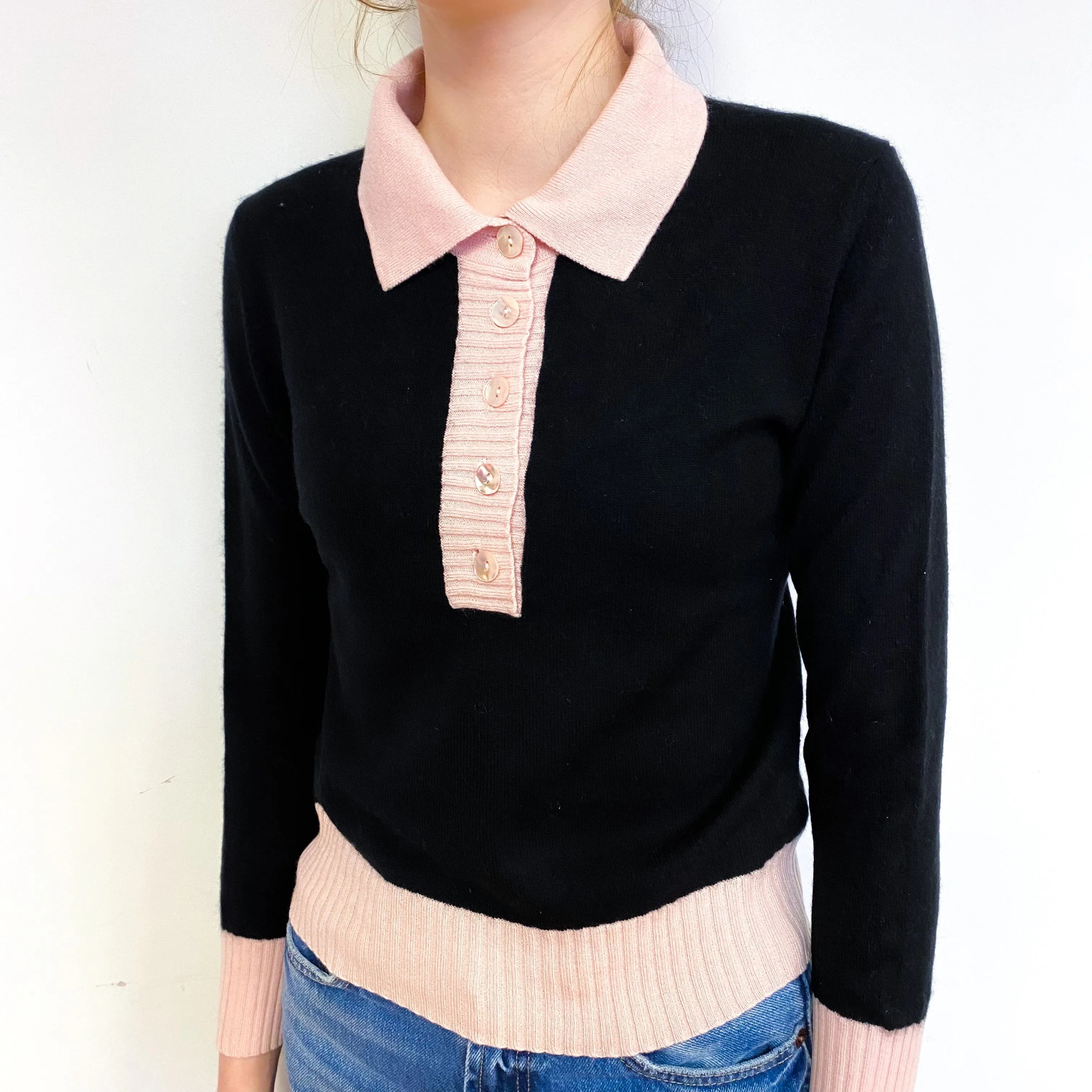 Black Pink Trim Cashmere Collared Jumper Extra Small