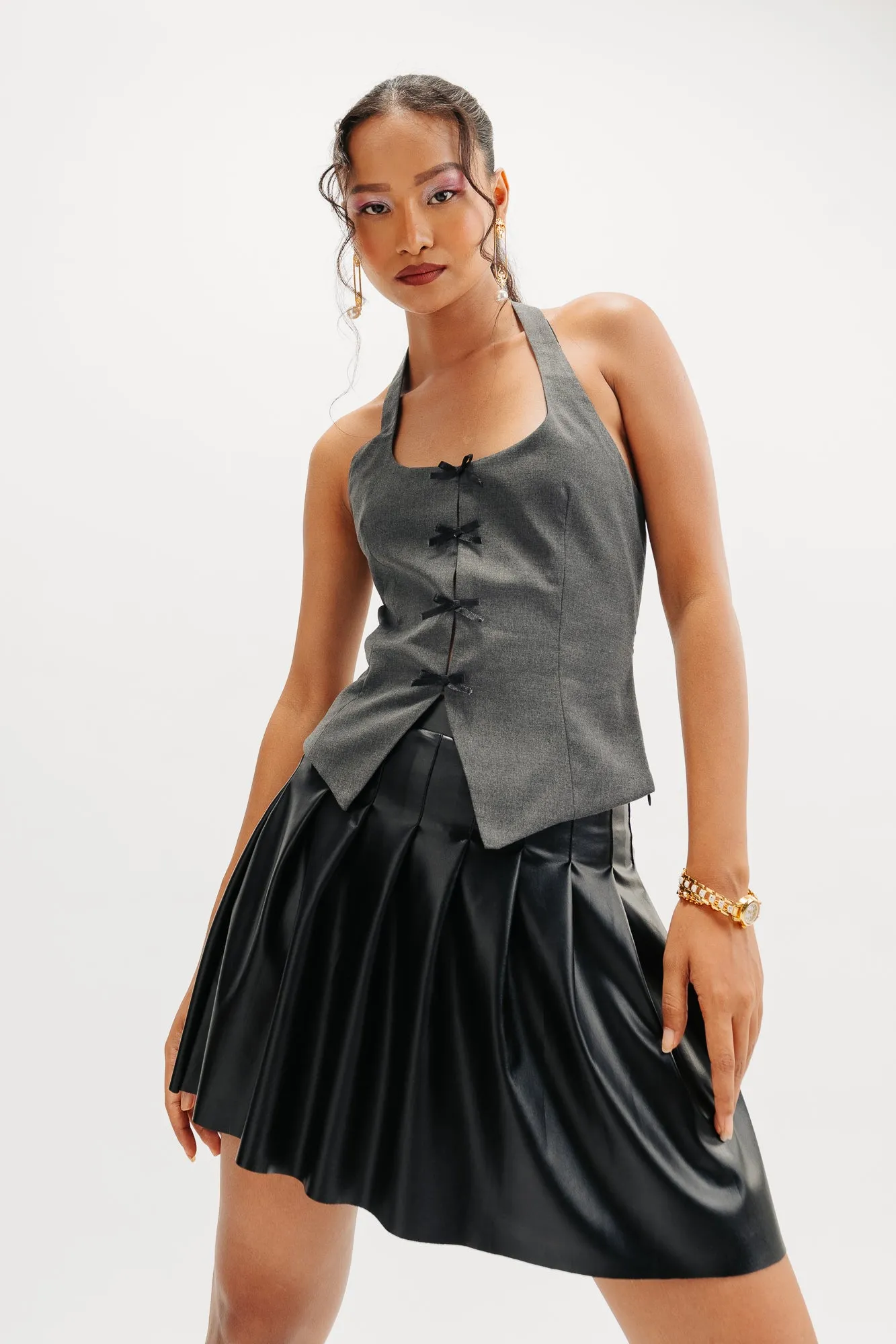 Black Pleated Leather Skirt