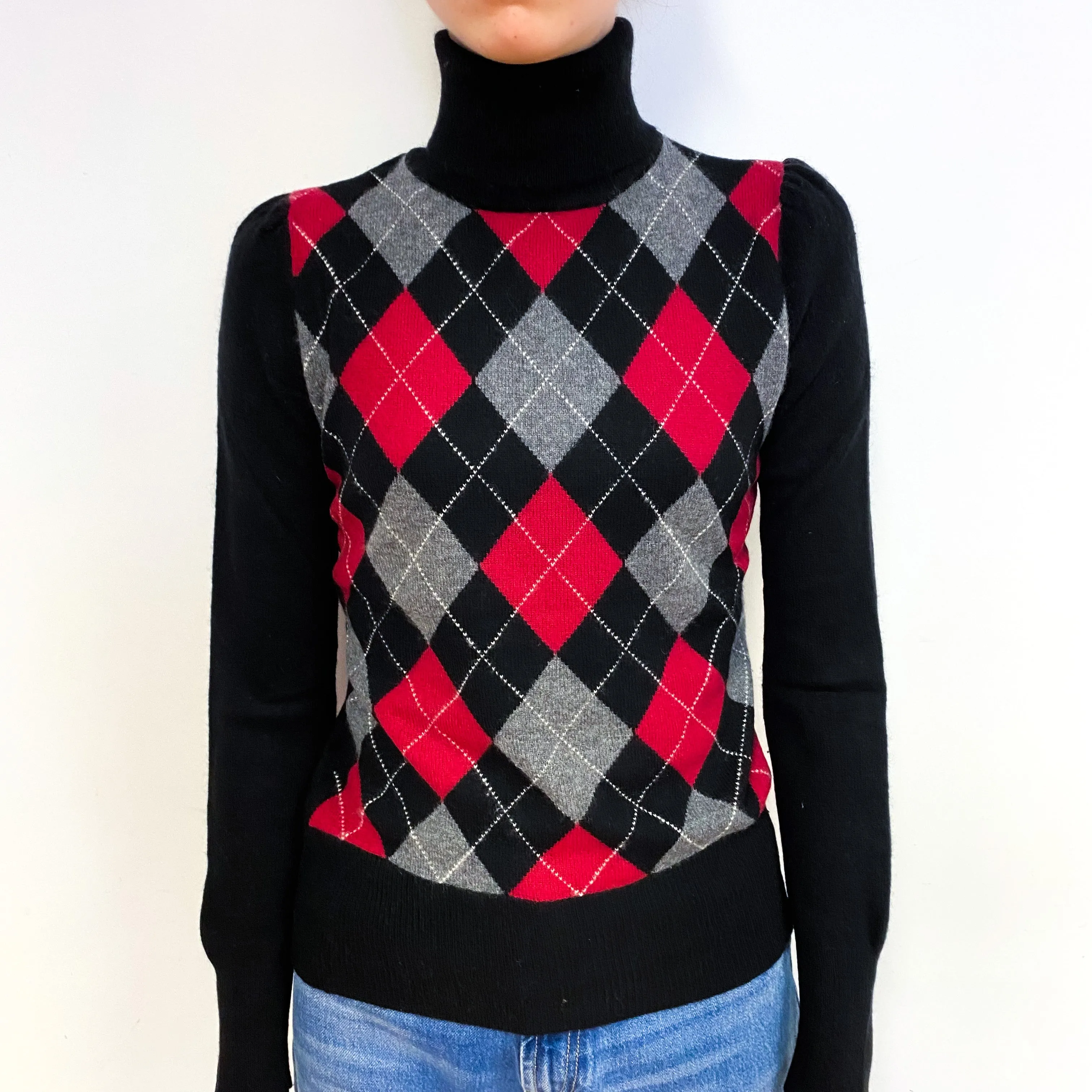 Black Red Argyle Cashmere Polo Neck Jumper Extra Small