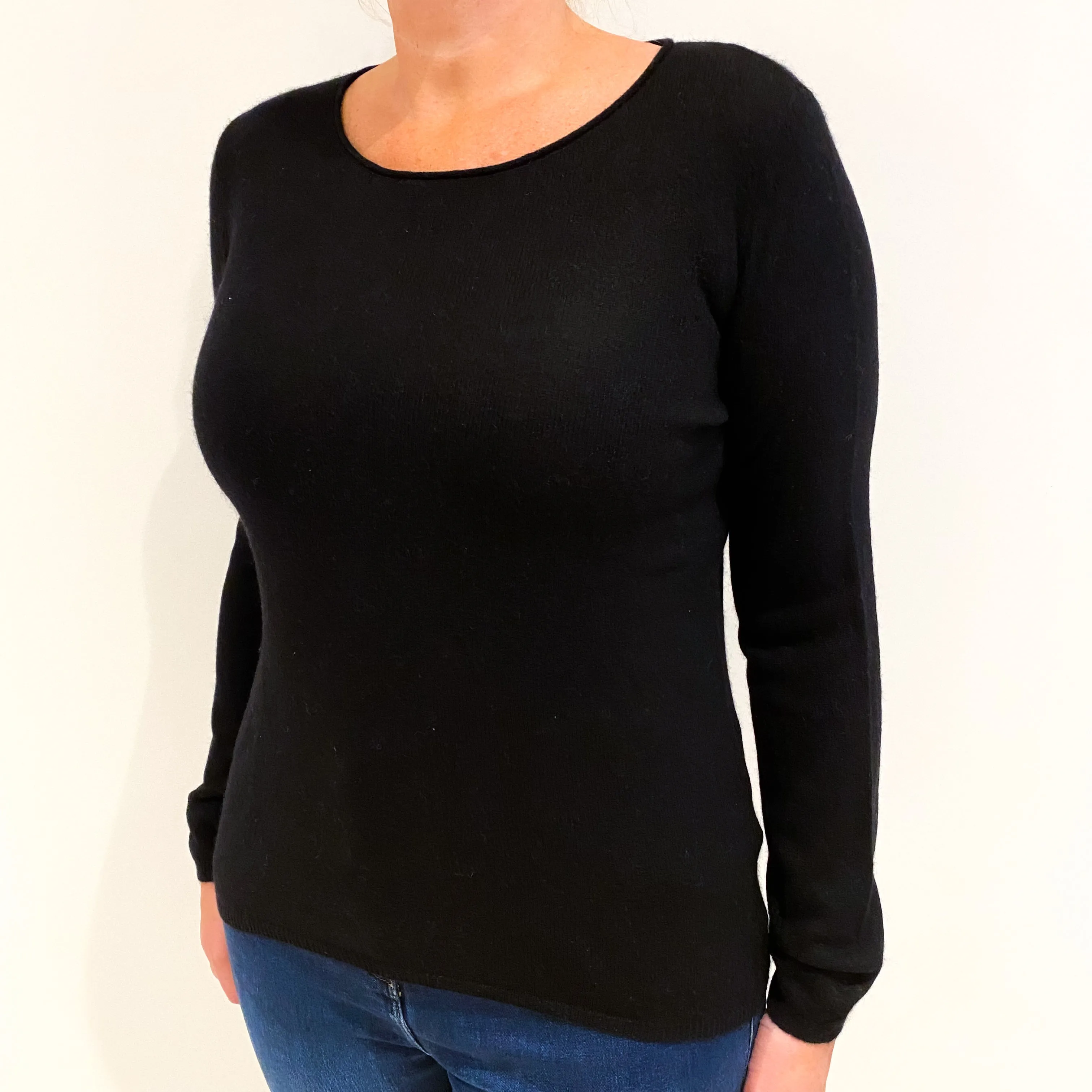 Black Rolled Neckline Cashmere Crew Neck Jumper Large