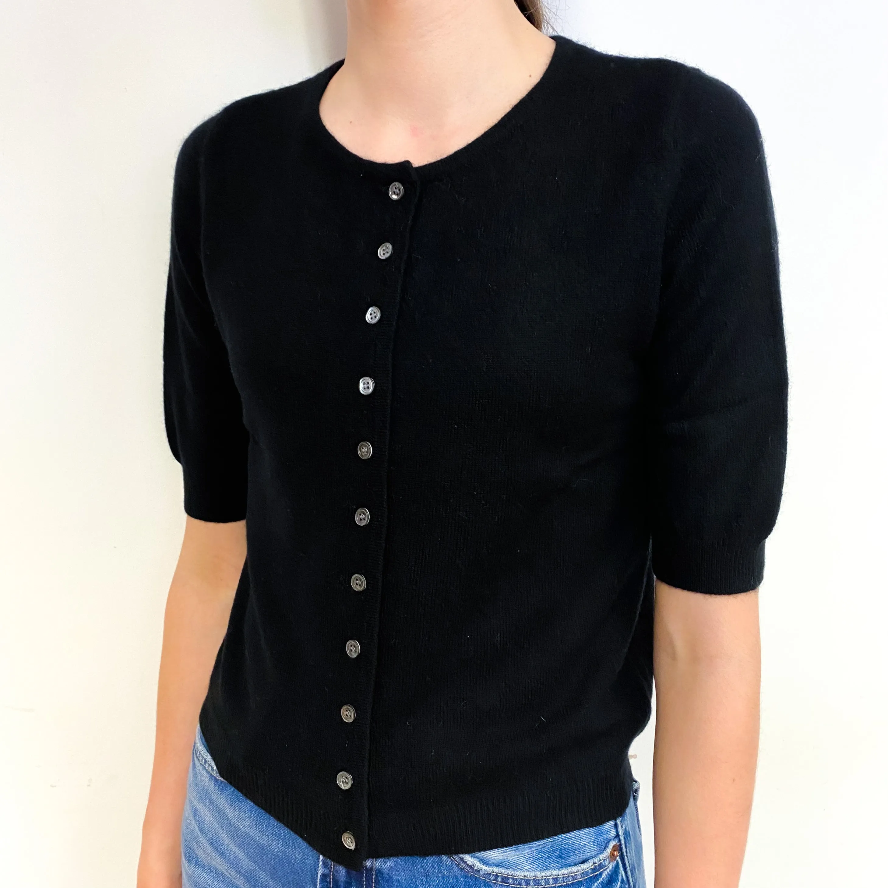 Black Short Sleeve Cashmere Crew Neck Cardigan Extra Small