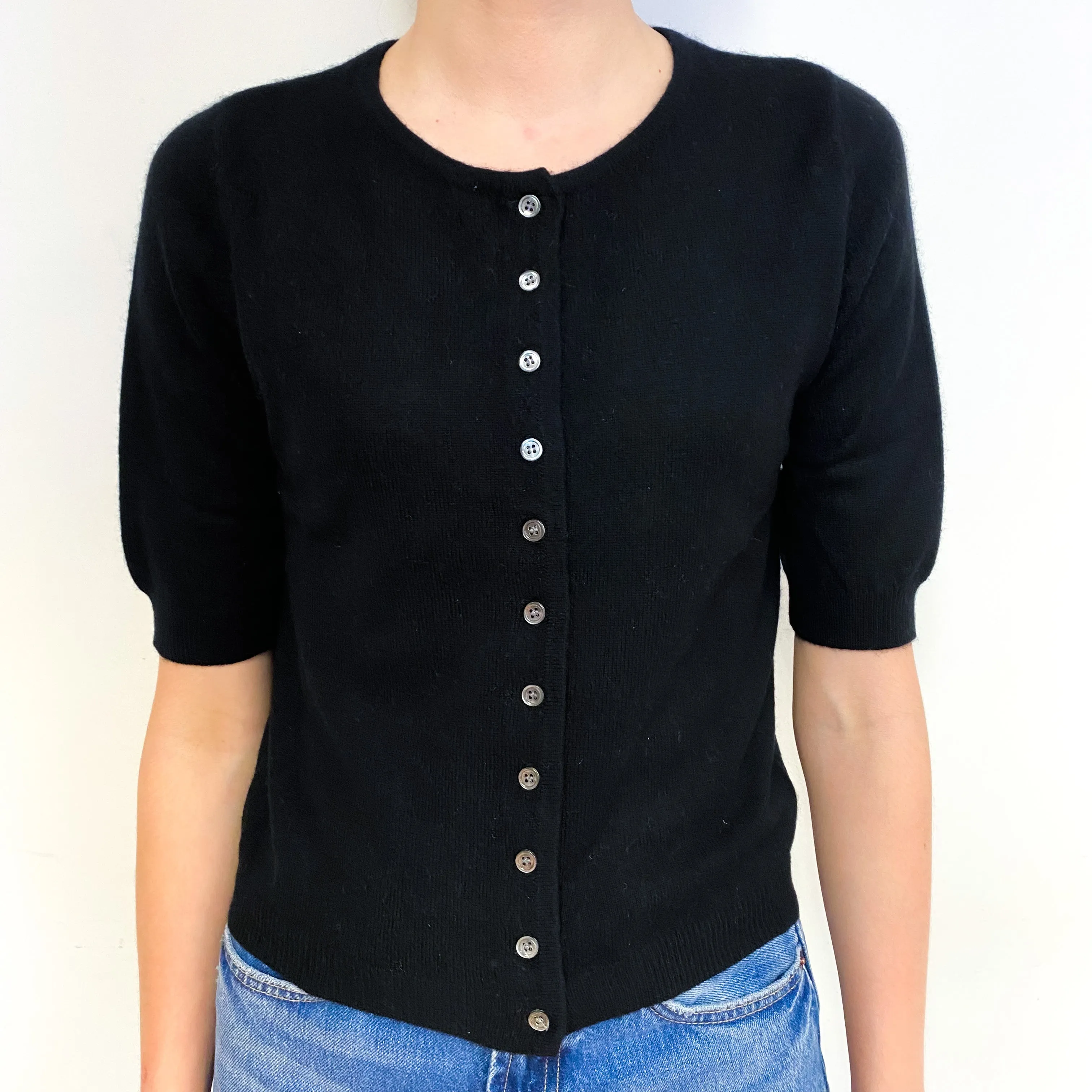 Black Short Sleeve Cashmere Crew Neck Cardigan Extra Small