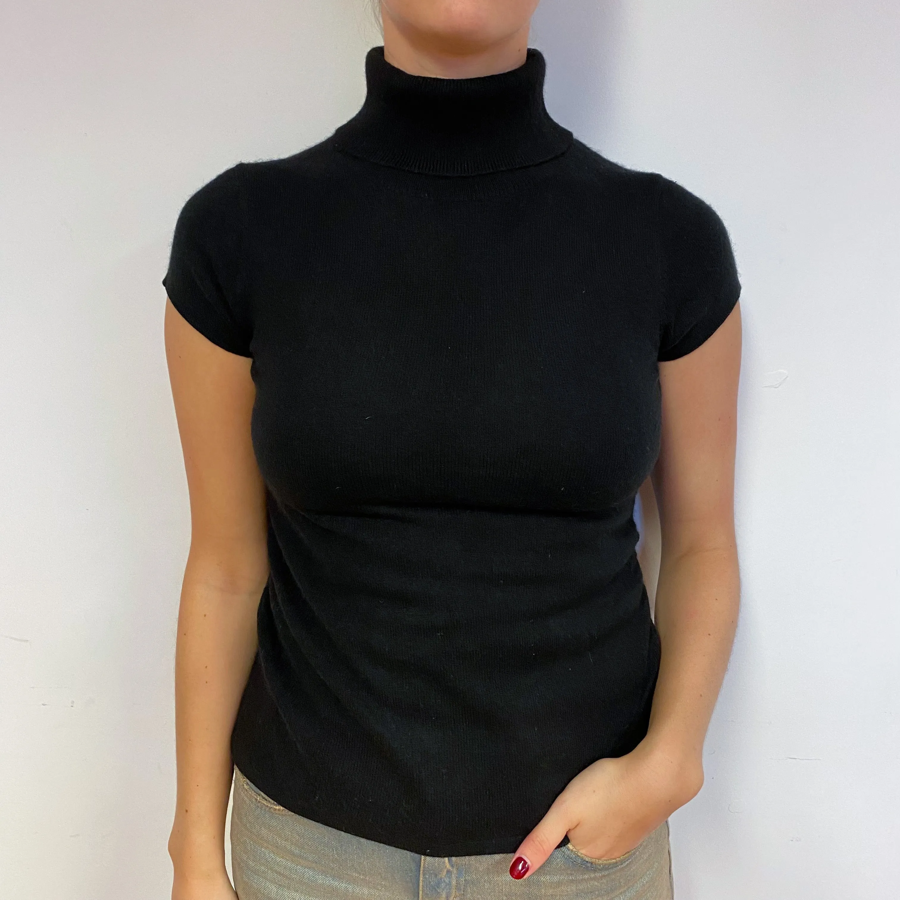 Black Short Sleeve Cashmere Polo Neck Jumper Small