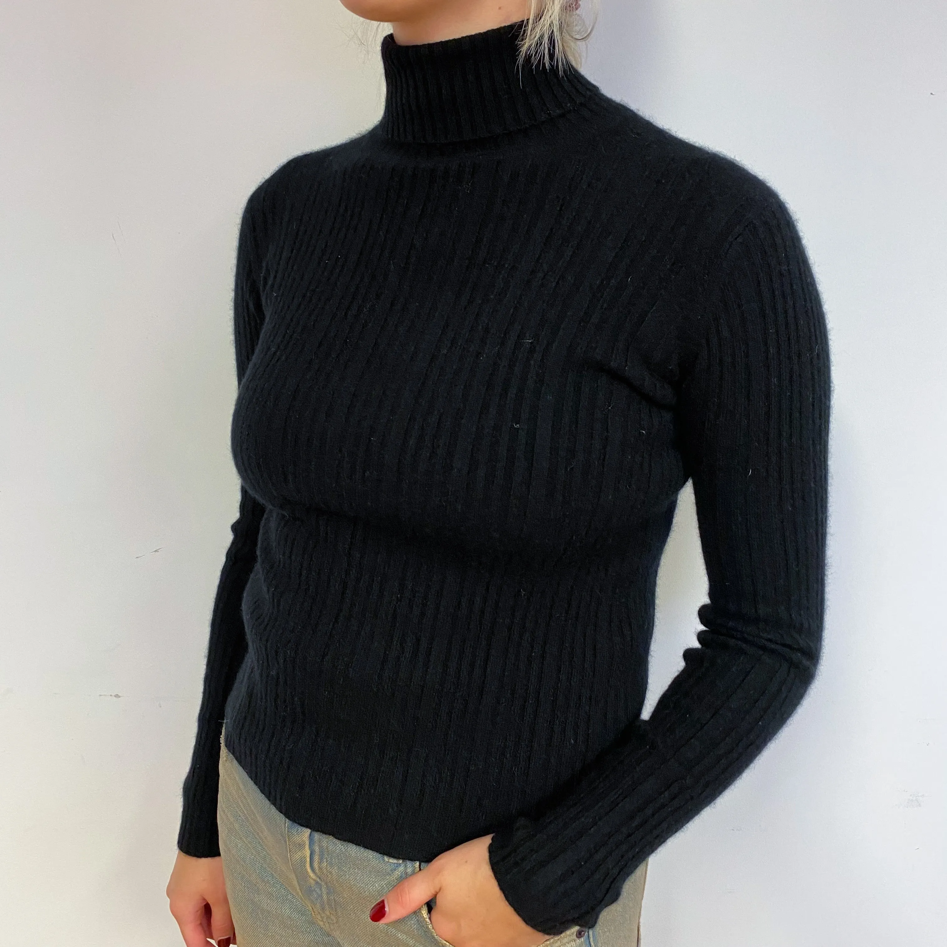 Black Skinny Ribbed Cashmere Polo Neck Jumper Small