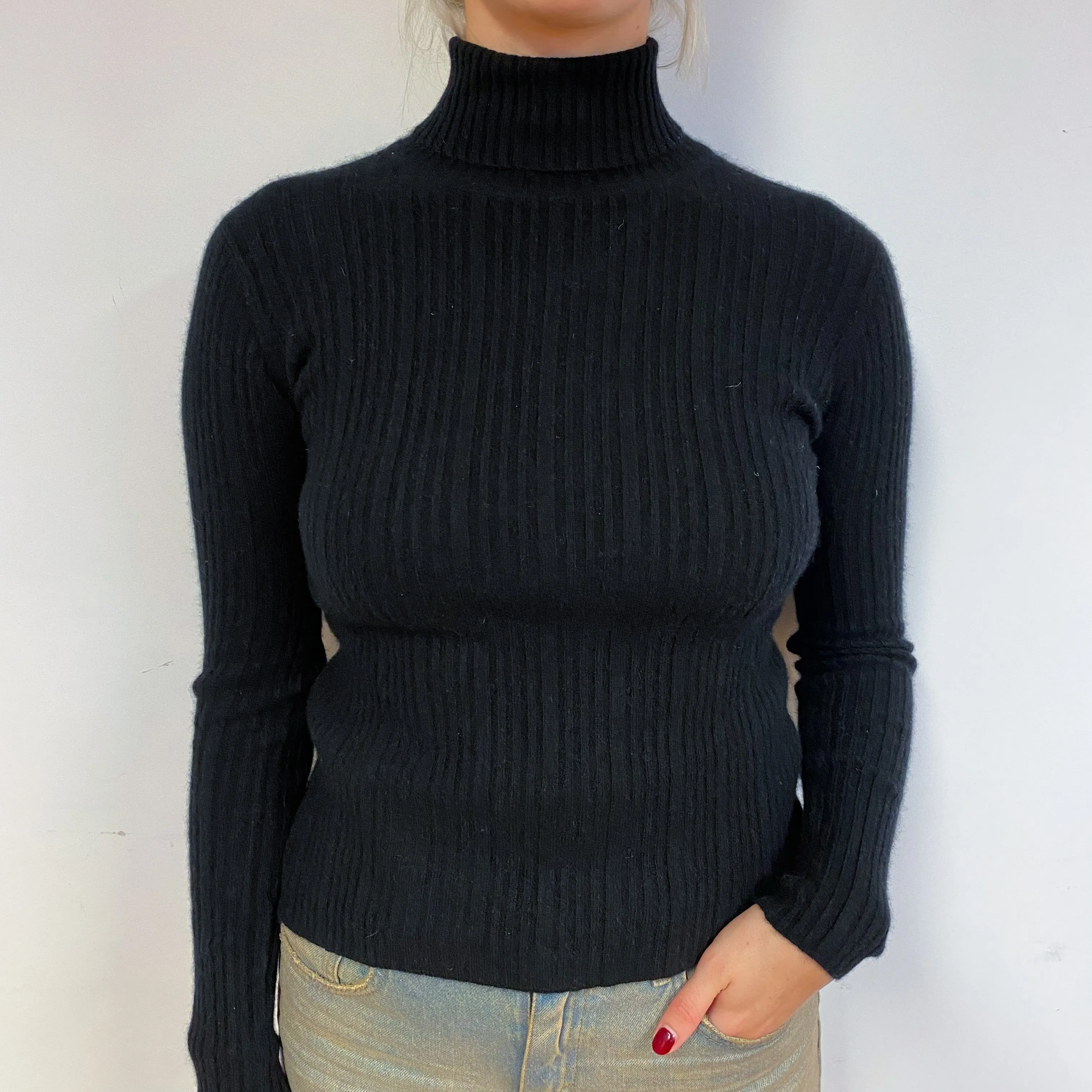 Black Skinny Ribbed Cashmere Polo Neck Jumper Small