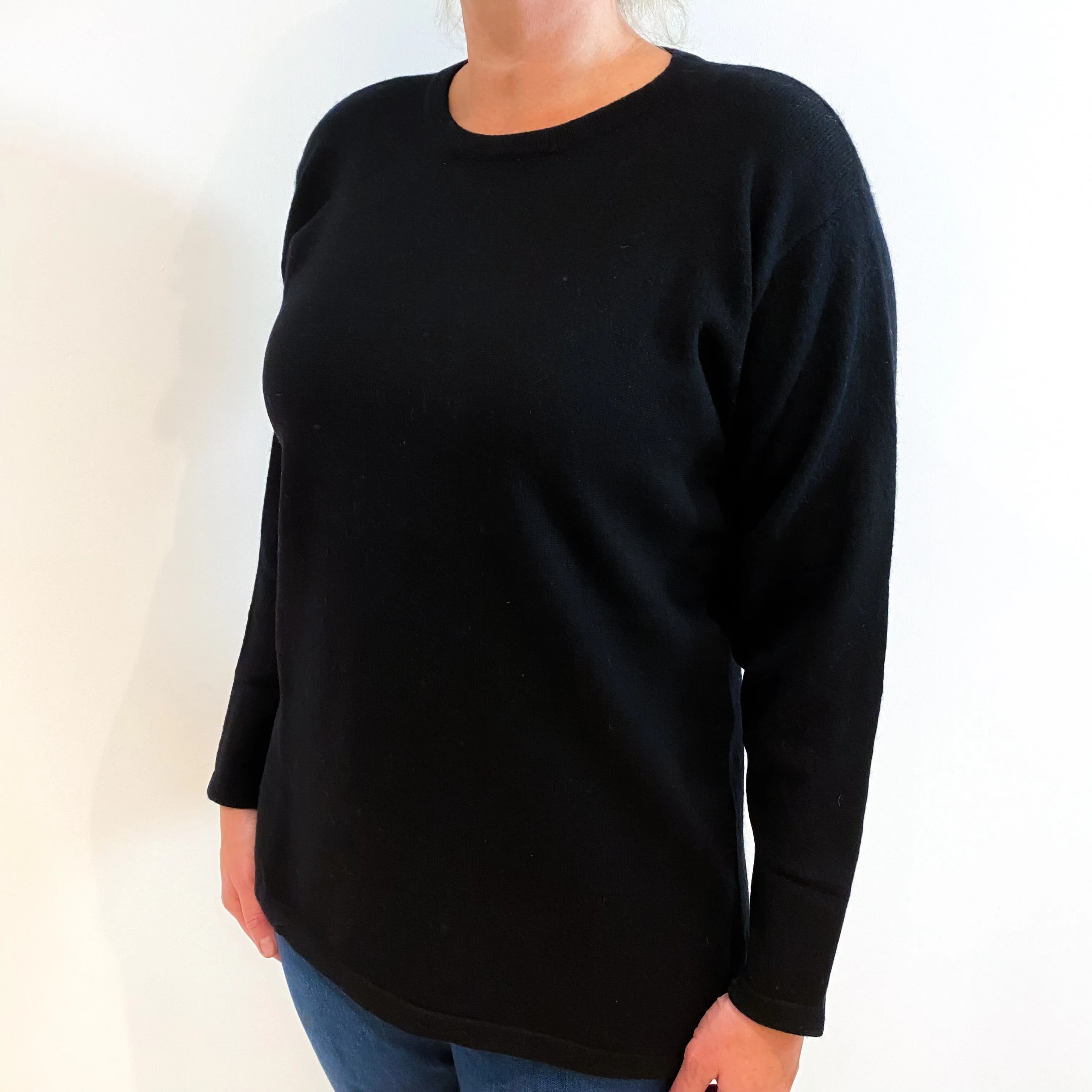 Black Split Hem Cashmere Crew Neck Jumper Large