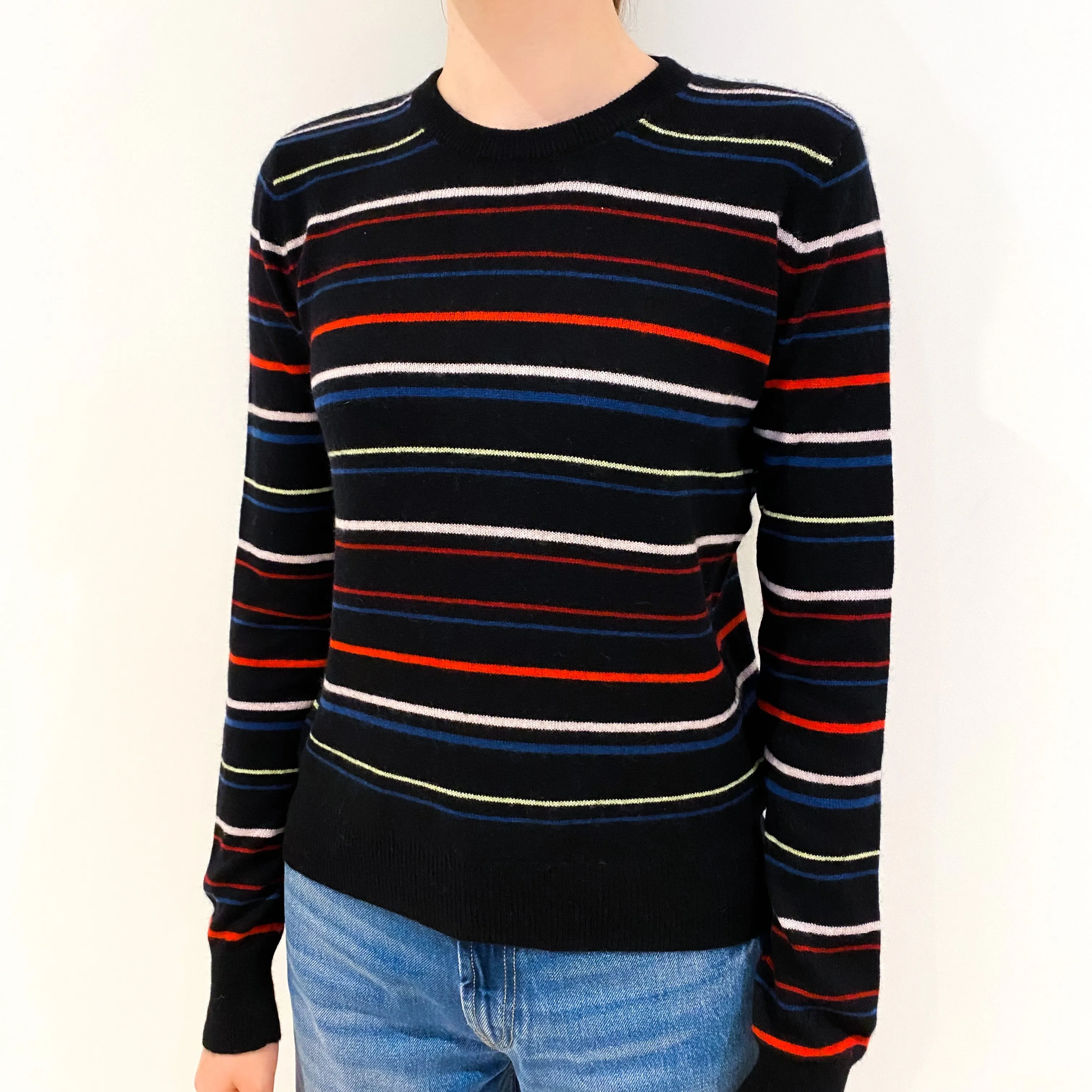 Black Striped Cashmere Crew Neck Jumper Extra Small