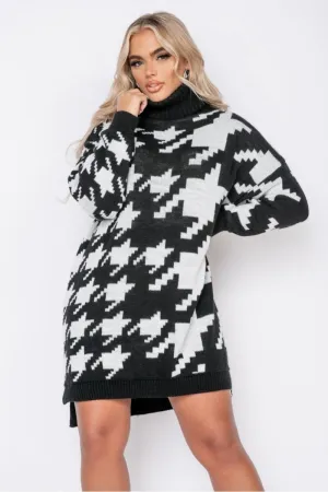 Black White Houndstooth Check Roll Neck Jumper Dress