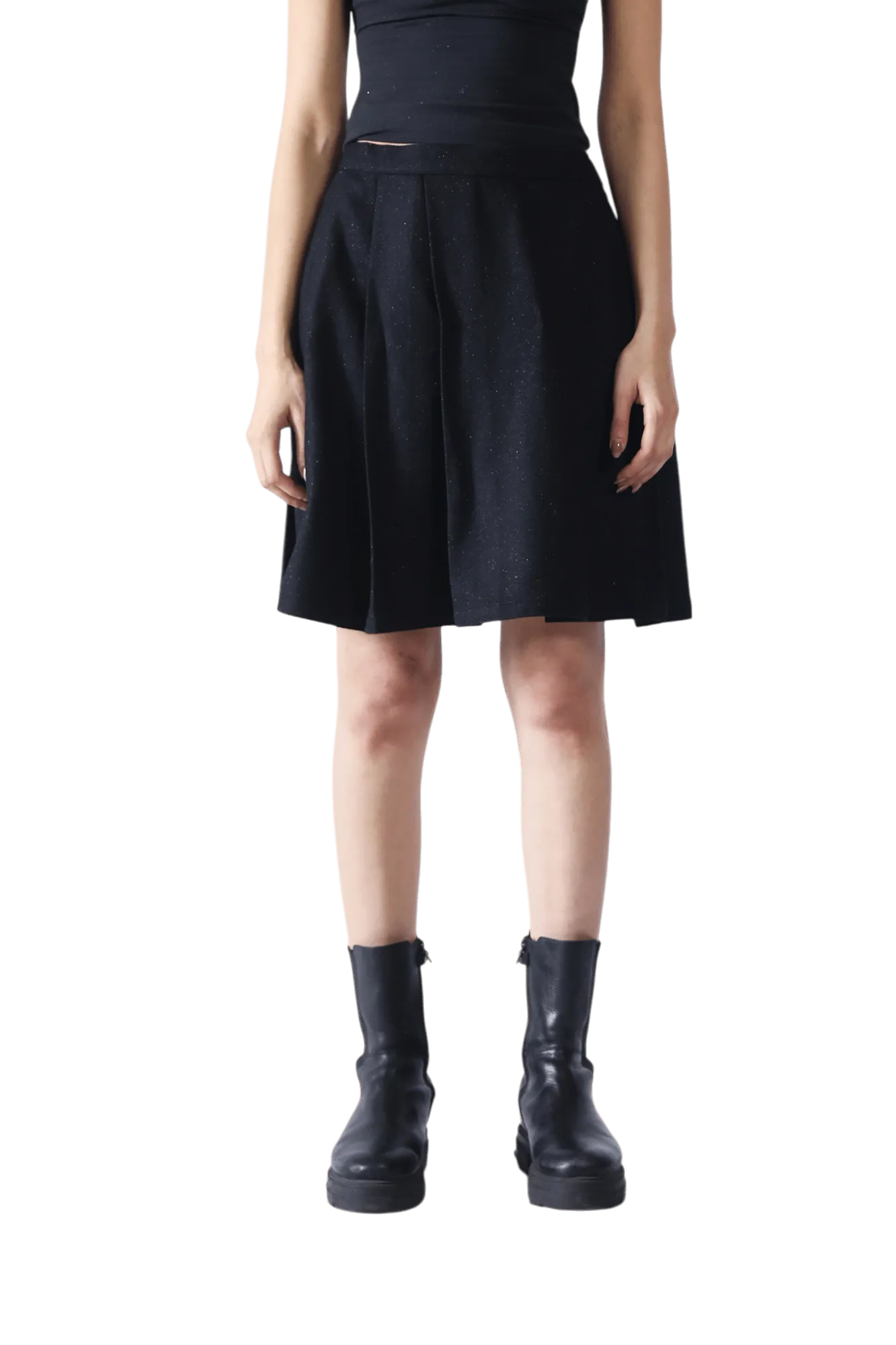 Black Wool Pleated Short Skirt