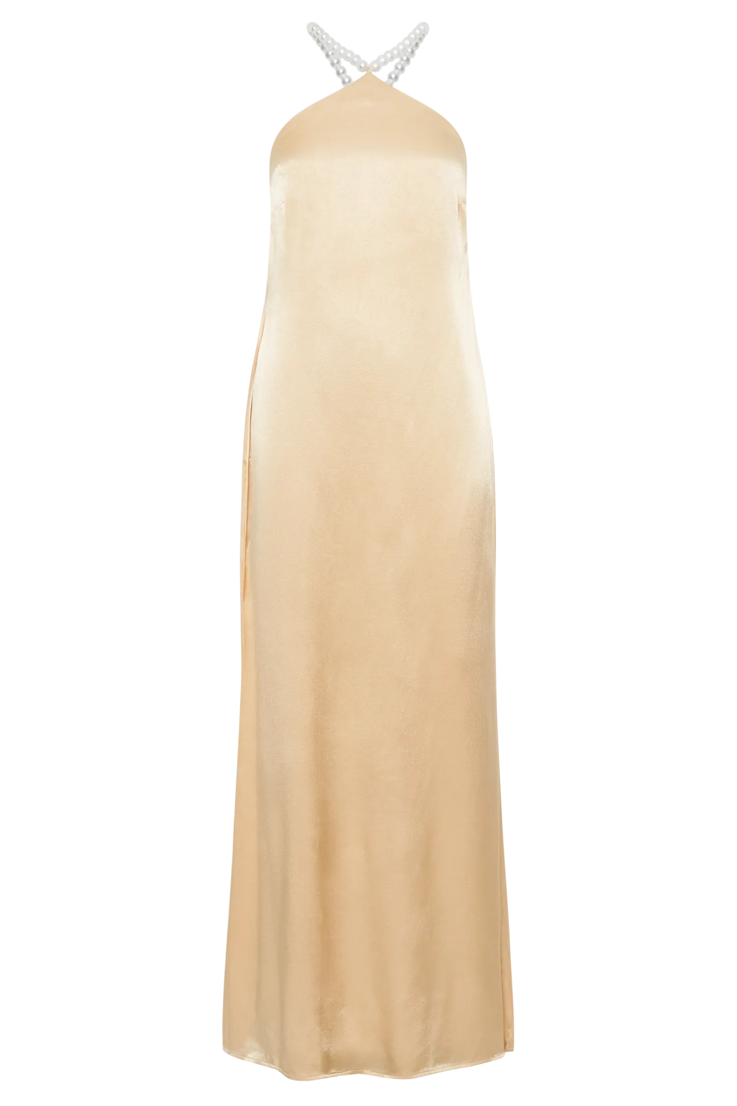 Blanche Satin Pearl Halter Maxi Dress - Peach