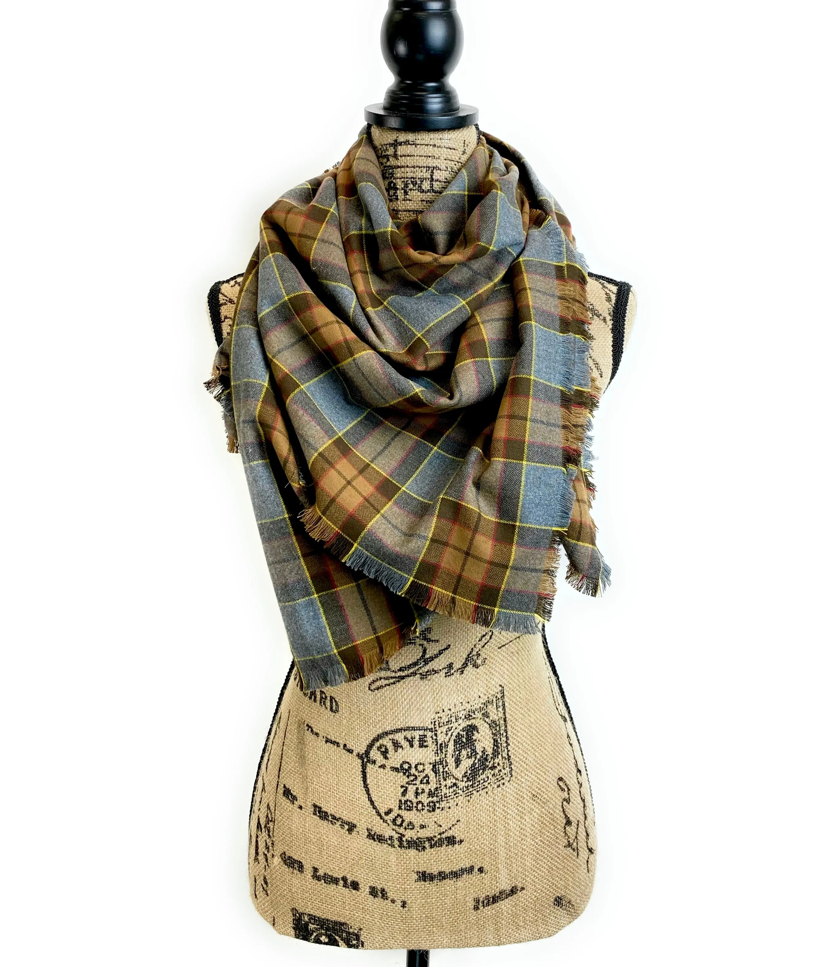 Blanket Scarf - Outlander Clan Fraser Inspired Gray, Brown, Yellow, and Red Cotton Flannel