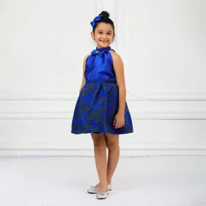 BLUE MIKADO DAMASK SKIRT SET WITH HAIRBOW