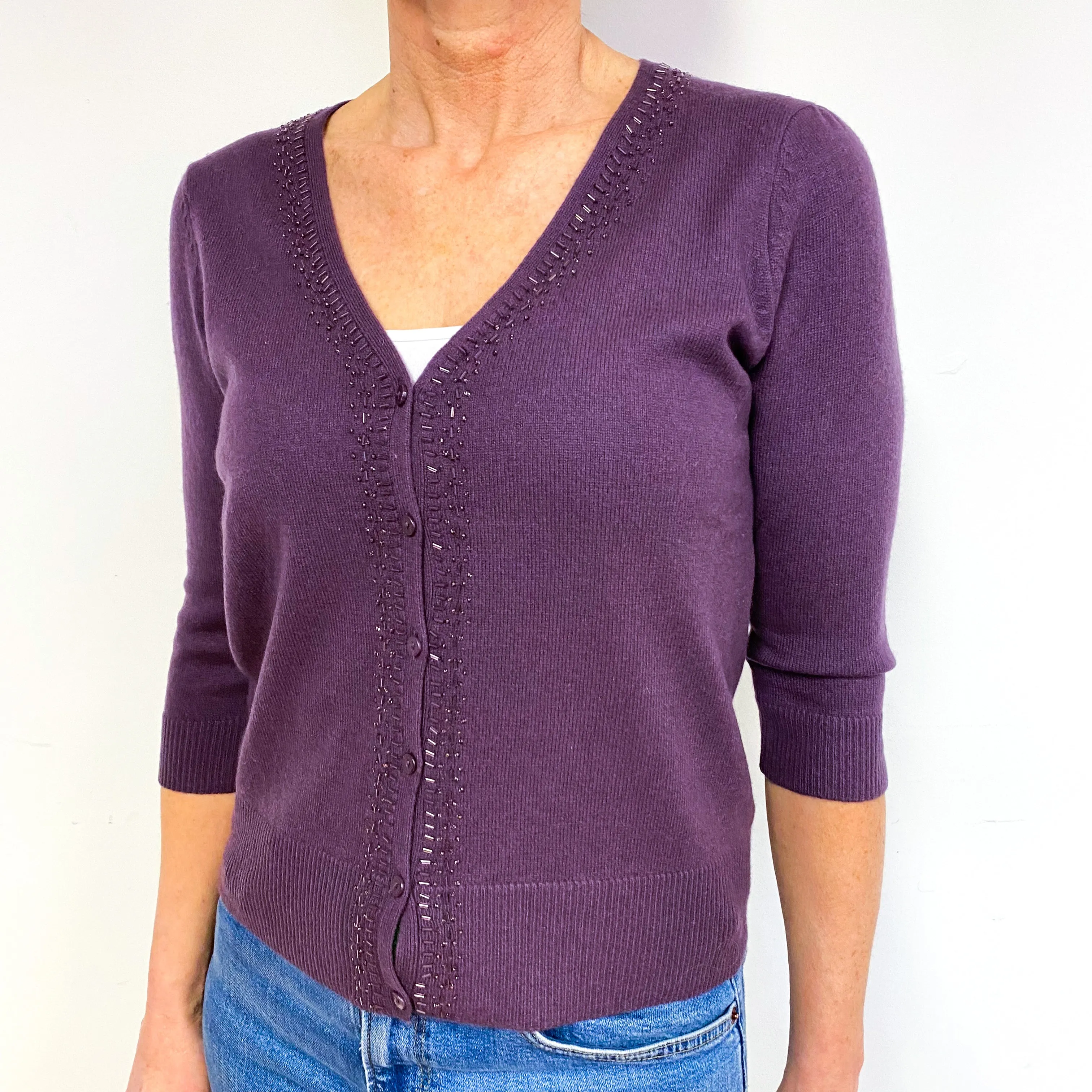 Blueberry Purple Beaded Cashmere V-Neck Cardigan Medium