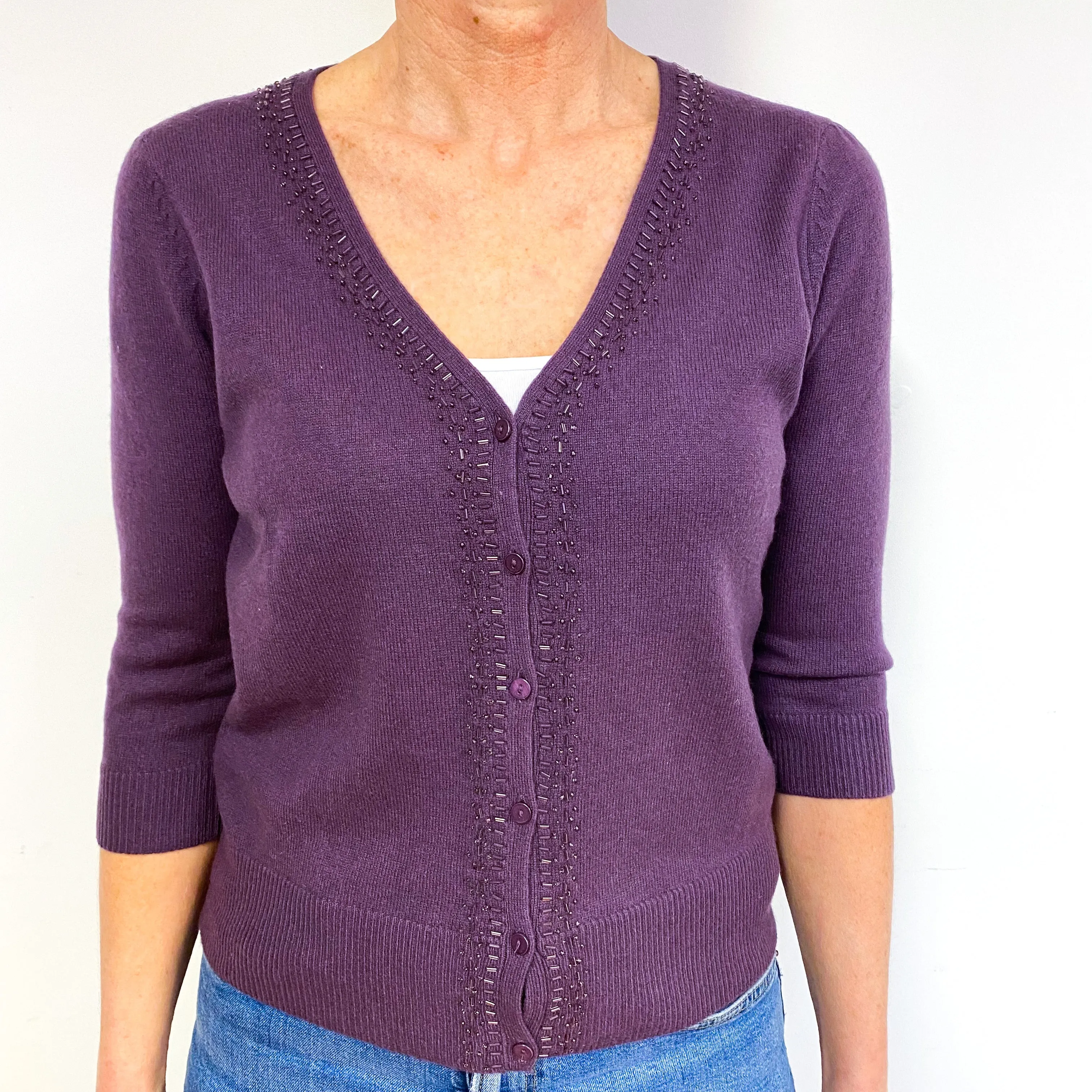 Blueberry Purple Beaded Cashmere V-Neck Cardigan Medium