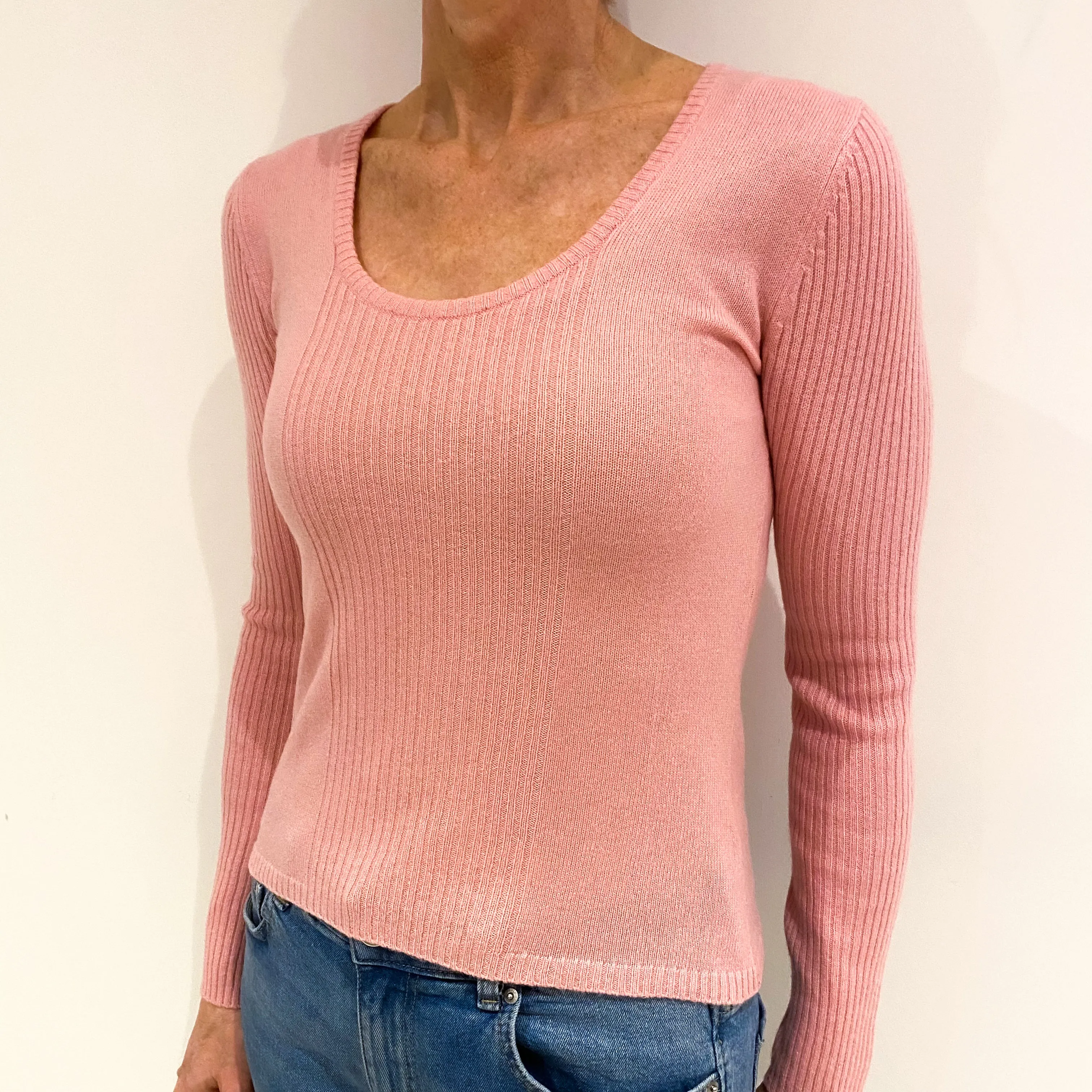 Blush Pink Rib Detail Cashmere Scoop Neck Jumper Small