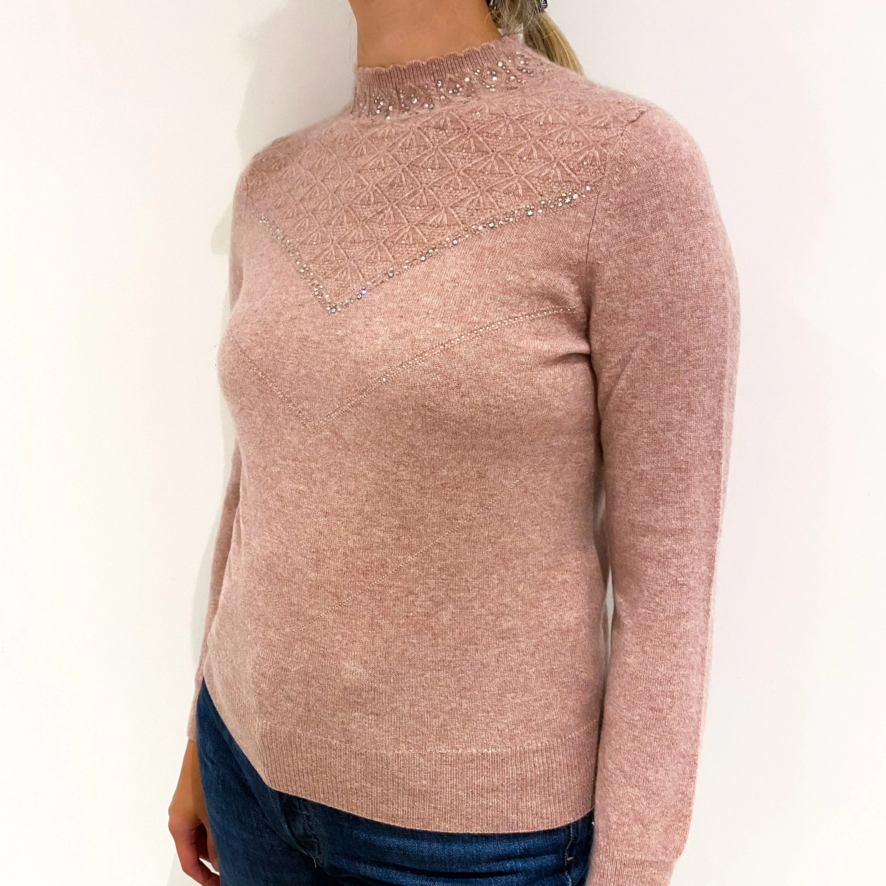 Blush Pink Sparkly Cashmere Crew Neck Jumper Small