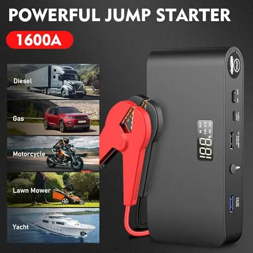 BooKoo Jump Starter 2000A Peak, Car Battery Jump Starter Portable,12V Jump Start Battery Pack(up to 8.0L Gas/6.5L Diesel Engine), 74Wh Portable Car Jump Starter with Wall Charger/USB Cable/LED Light