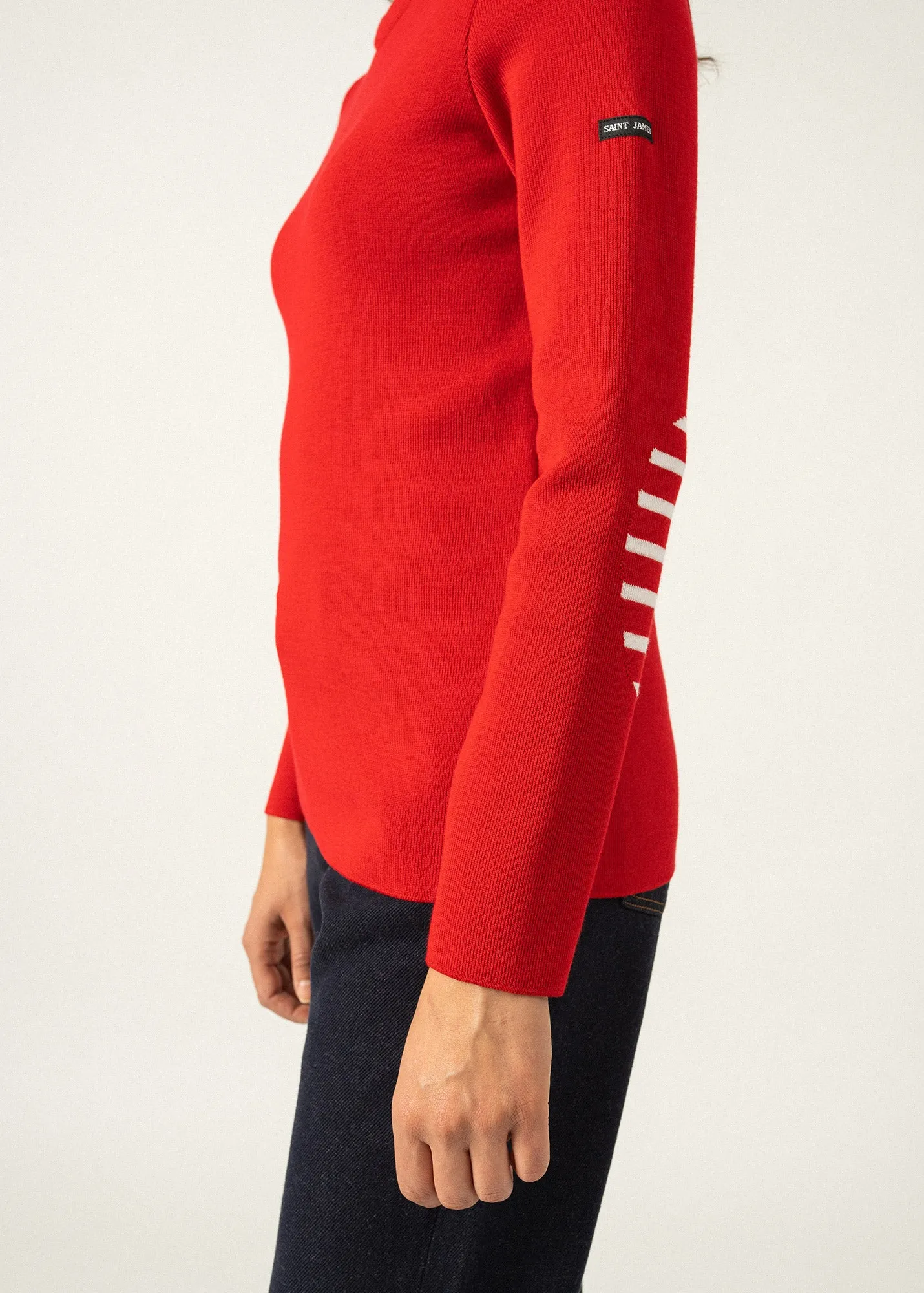 Bregançon plain sailor jumper - striped elbow patches, in wool (TULIPE)