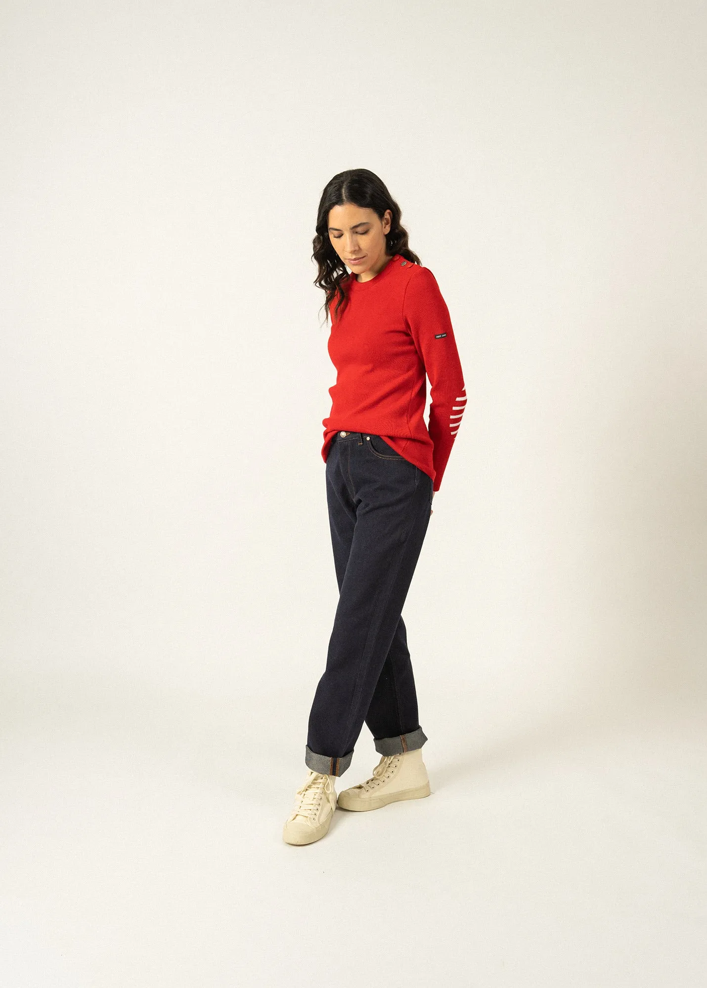 Bregançon plain sailor jumper - striped elbow patches, in wool (TULIPE)