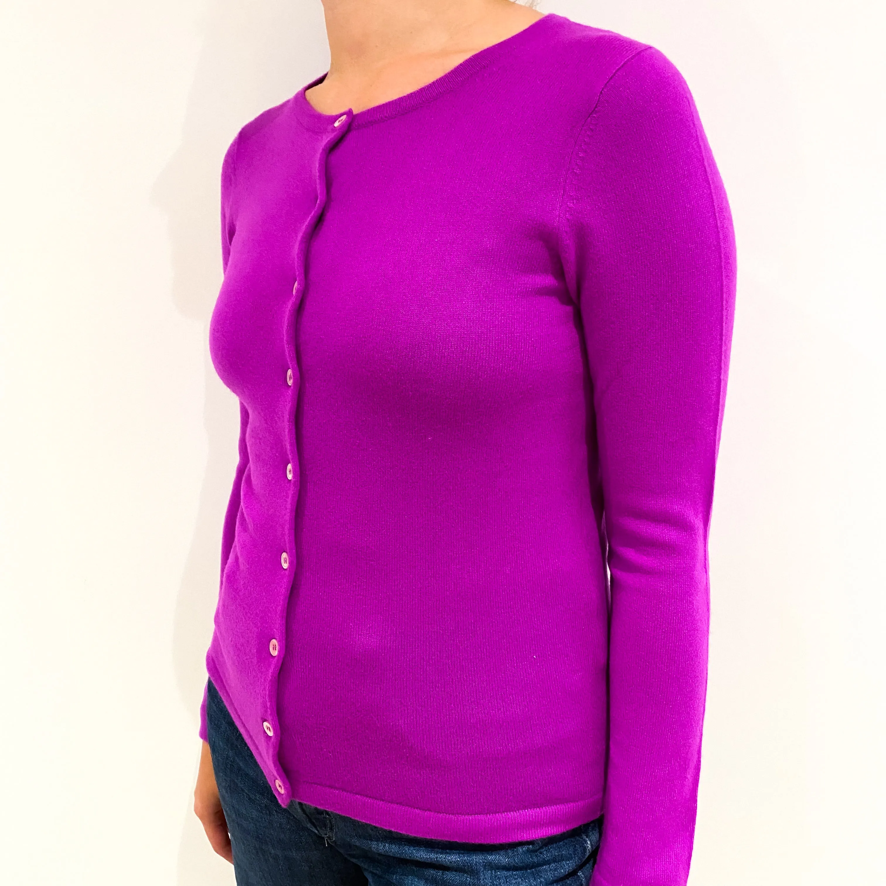 Bright Magenta Purple Cashmere Crew Neck Cardigan Small