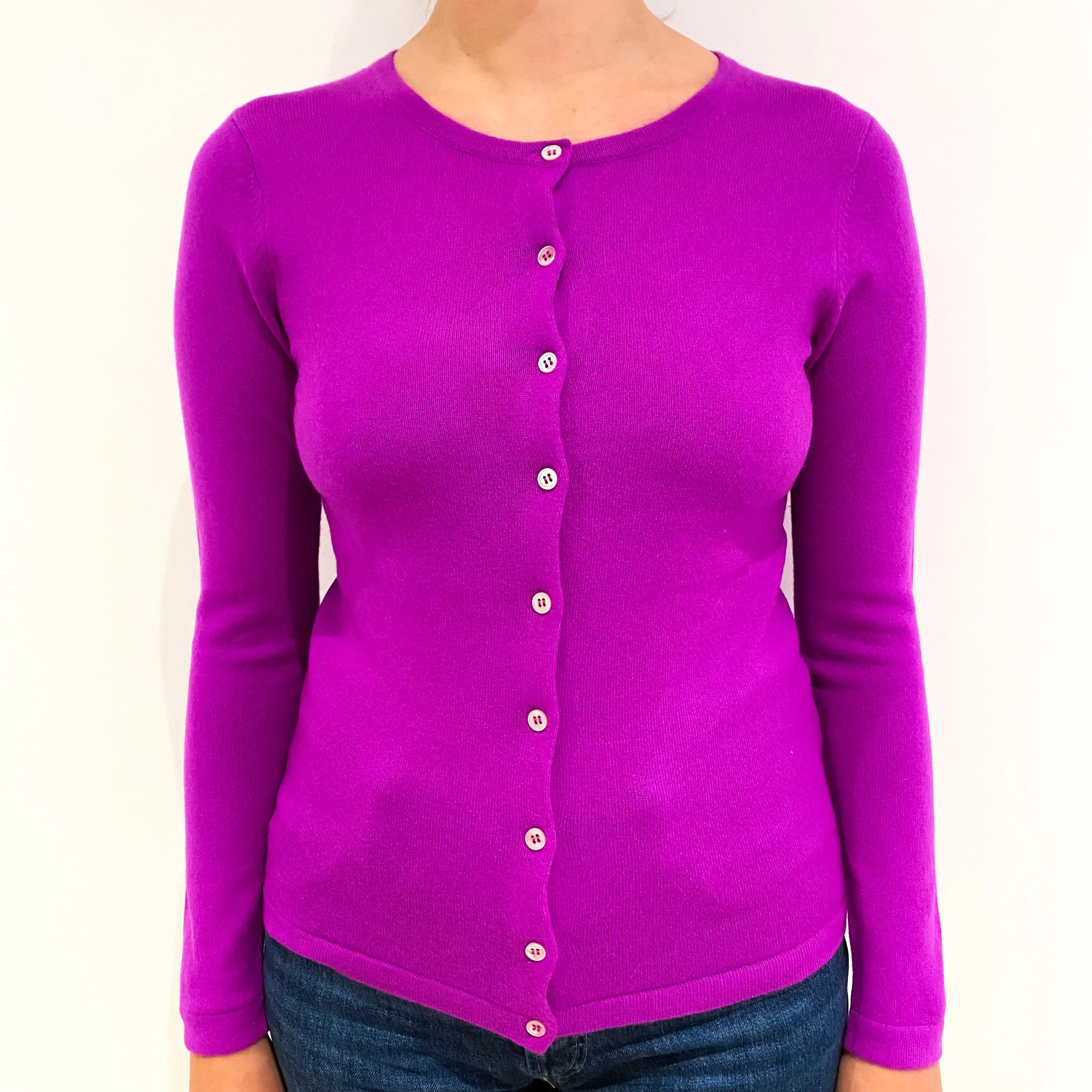 Bright Magenta Purple Cashmere Crew Neck Cardigan Small