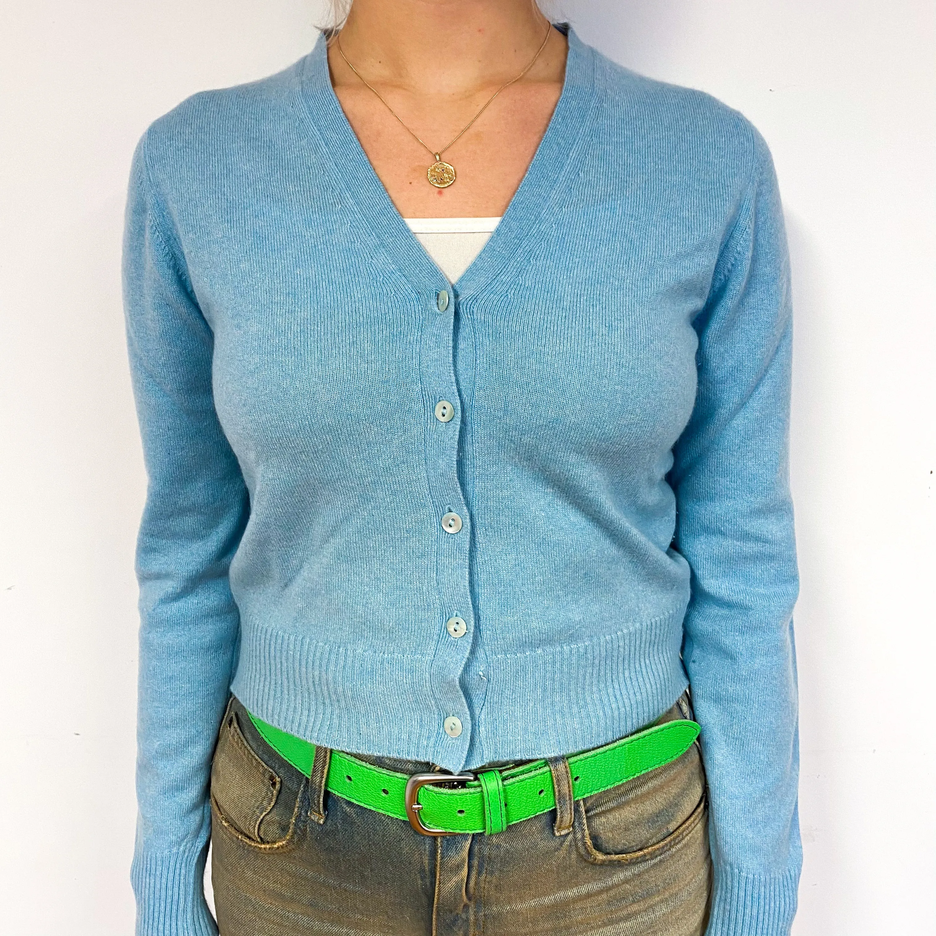 Brora Opal Green Cashmere V-Neck Cardigan Small