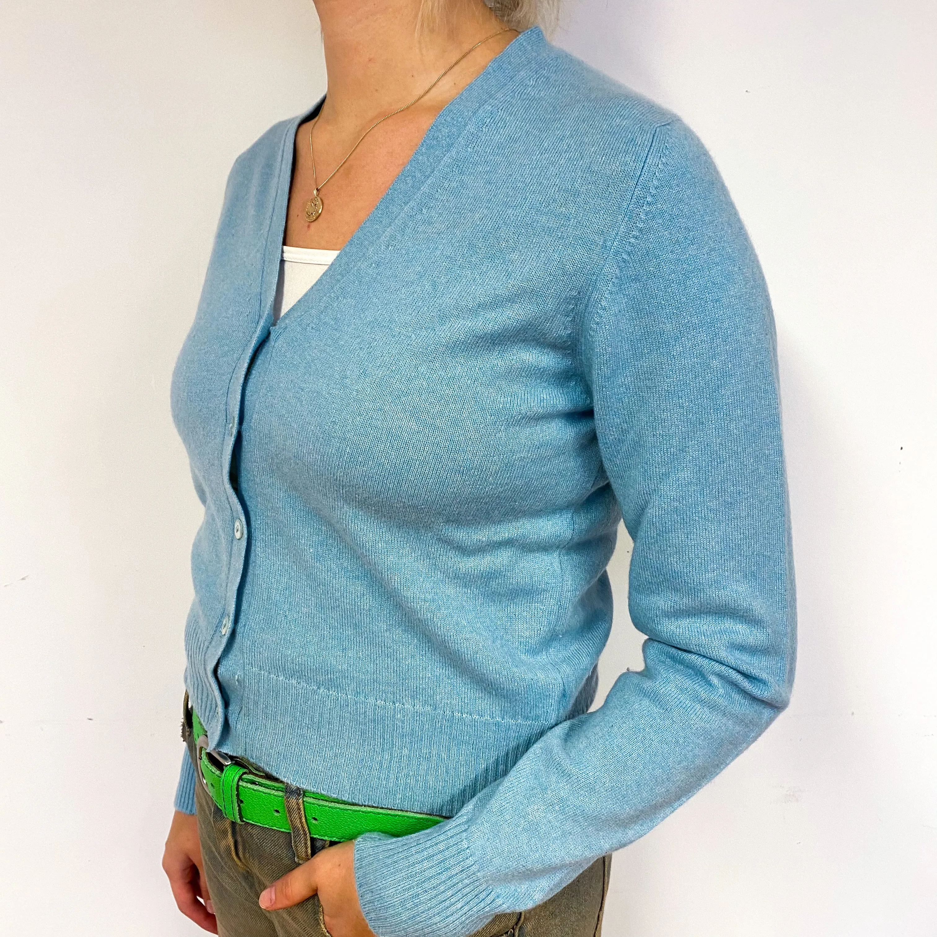 Brora Opal Green Cashmere V-Neck Cardigan Small