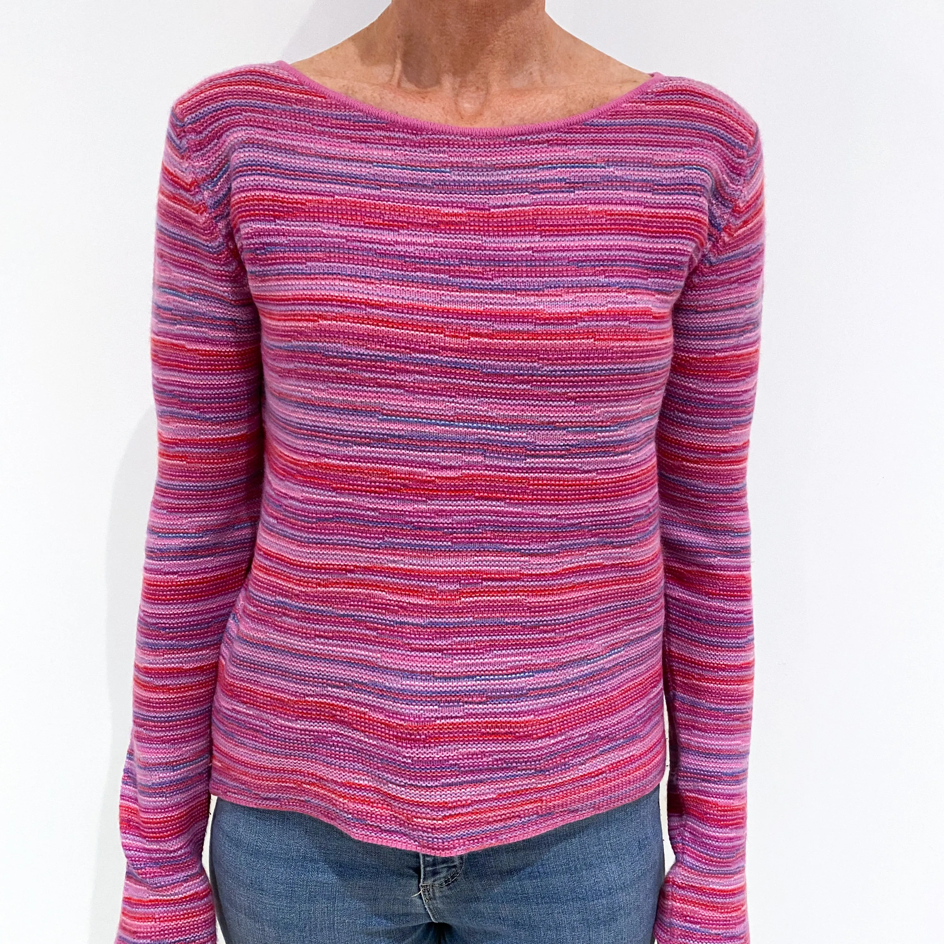 Brora Pink Striped Cashmere Crew Neck Jumper Small