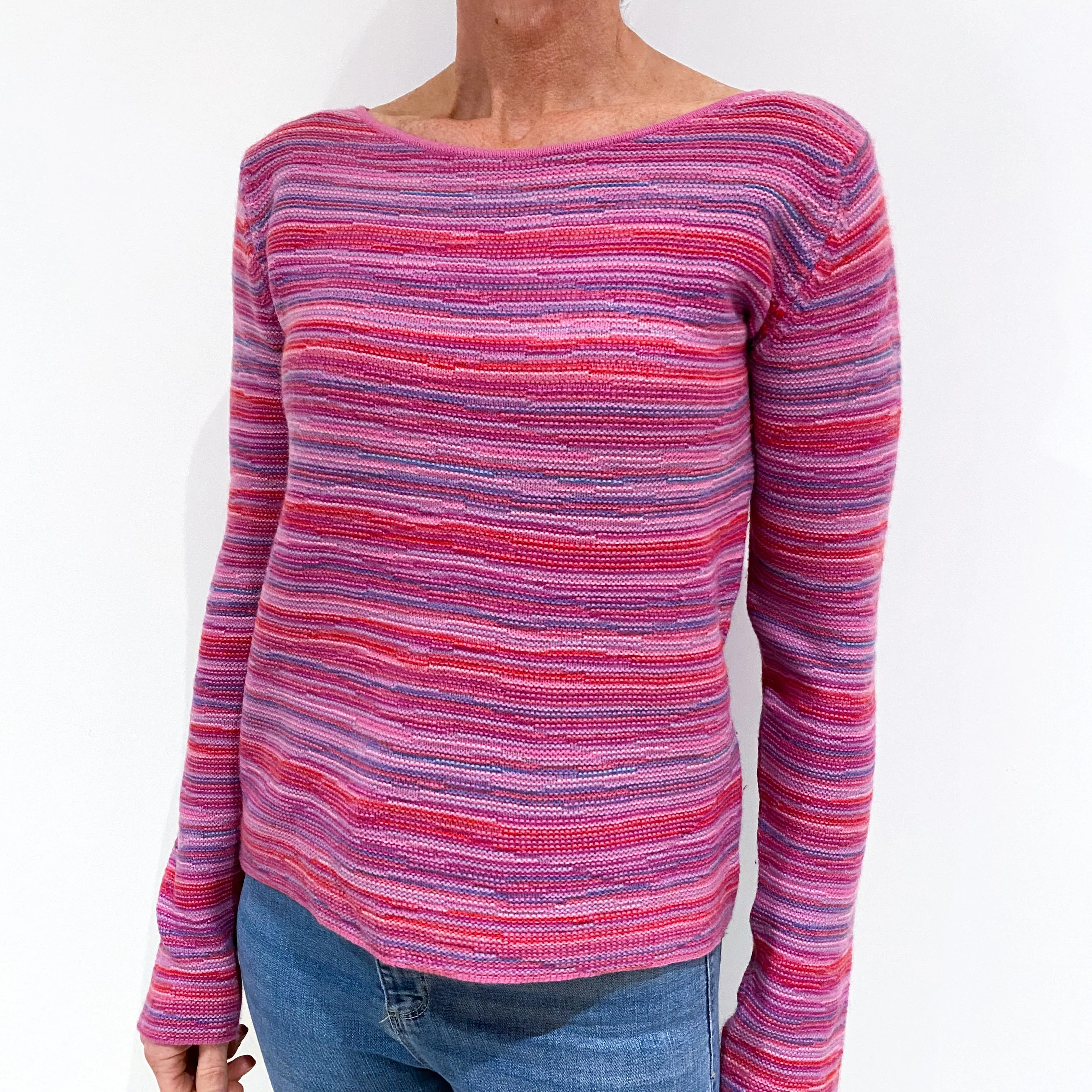 Brora Pink Striped Cashmere Crew Neck Jumper Small