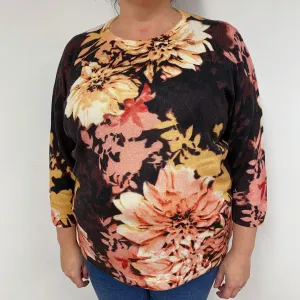 Brown and Peach Floral Cashmere Crew Neck Jumper XXXLarge