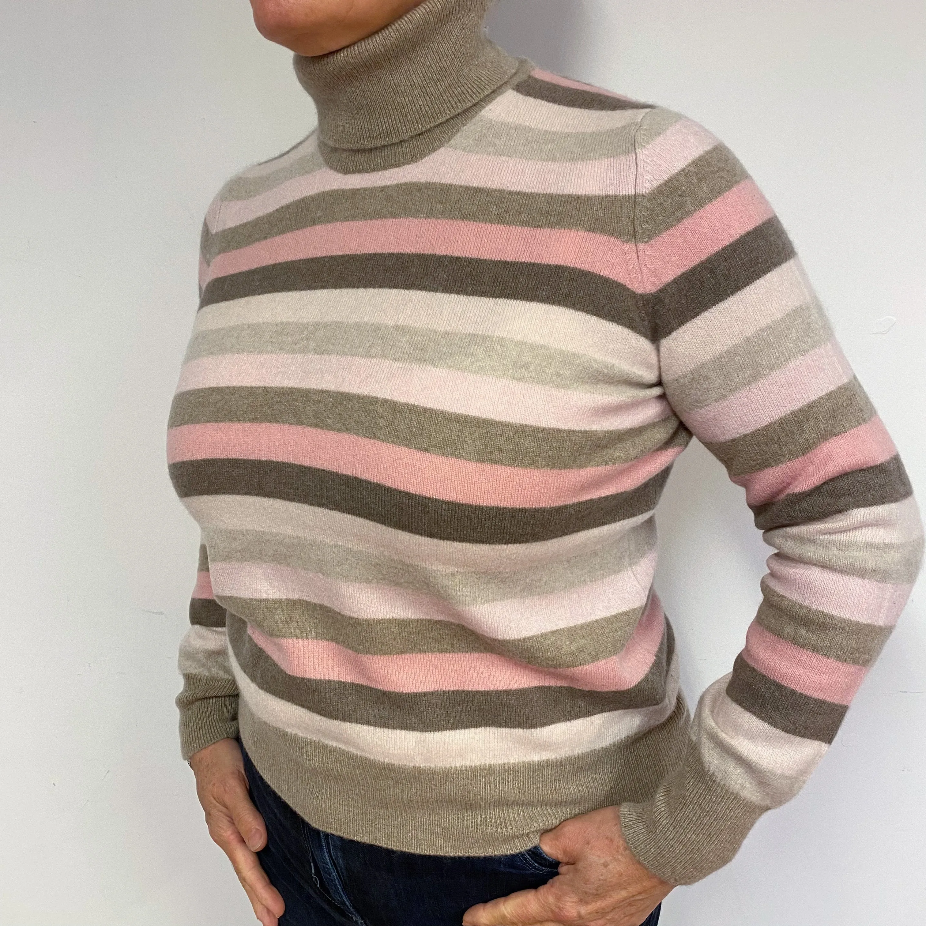 Brown and Pink Stripe Cashmere Polo Neck Jumper Large