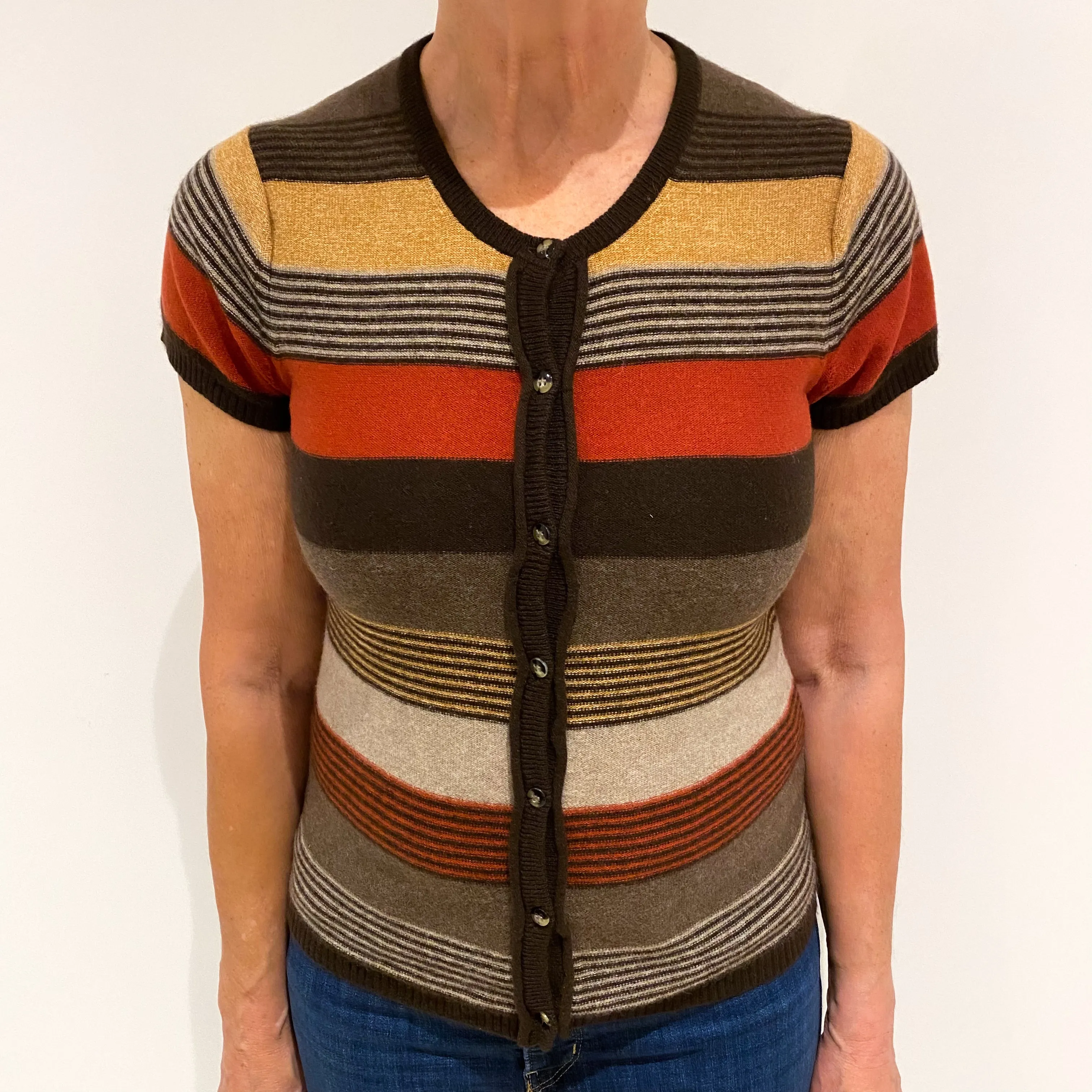 Brown and Red Striped Cashmere Short Sleeved Cardigan Medium