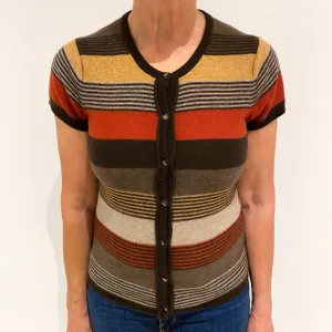 Brown and Red Striped Cashmere Short Sleeved Cardigan Medium