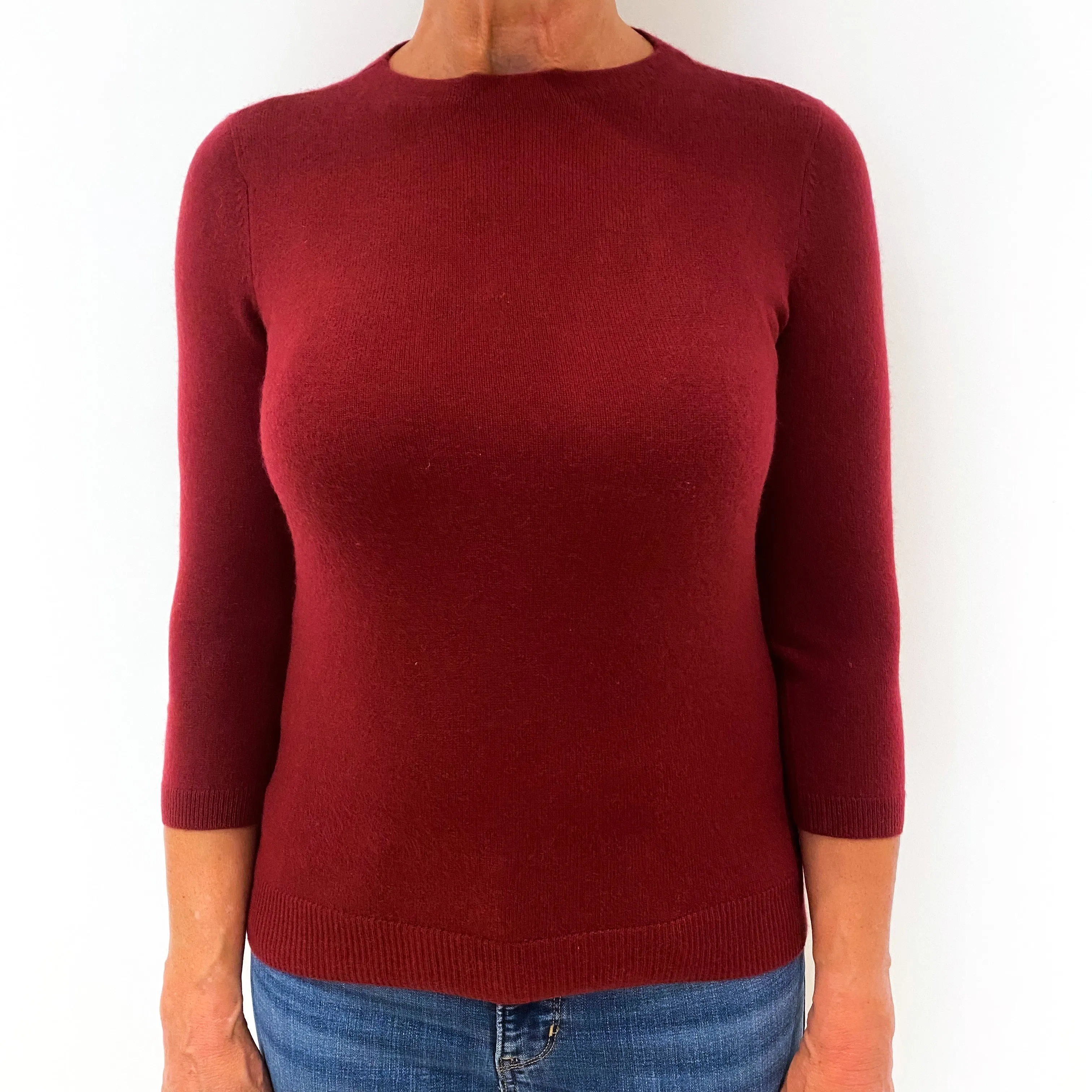 Burgundy Red 3/4 Sleeve Cashmere Crew Neck Jumper Medium