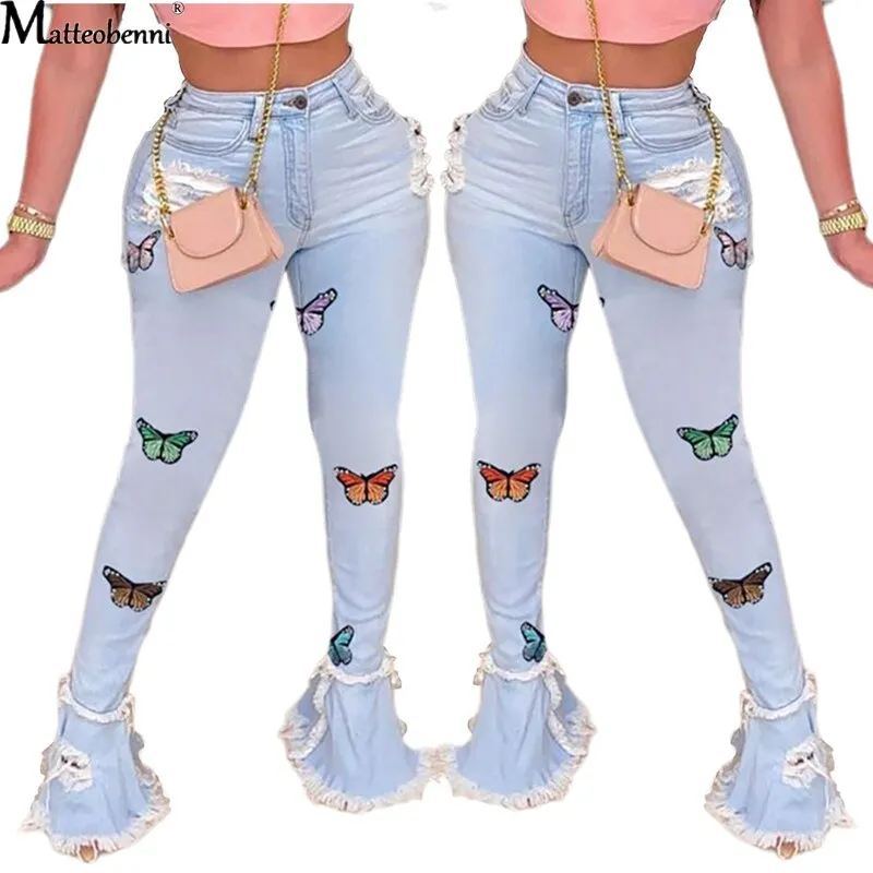 Butterfly Embroidery Denim Flare Pants Women High Waist Skinny Jeans Wide Leg Trousers Ladies Casual Bell Bottom Jeans