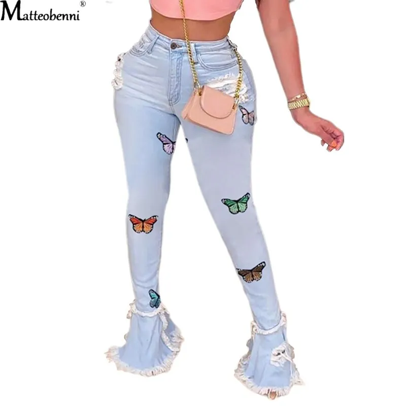 Butterfly Embroidery Denim Flare Pants Women High Waist Skinny Jeans Wide Leg Trousers Ladies Casual Bell Bottom Jeans