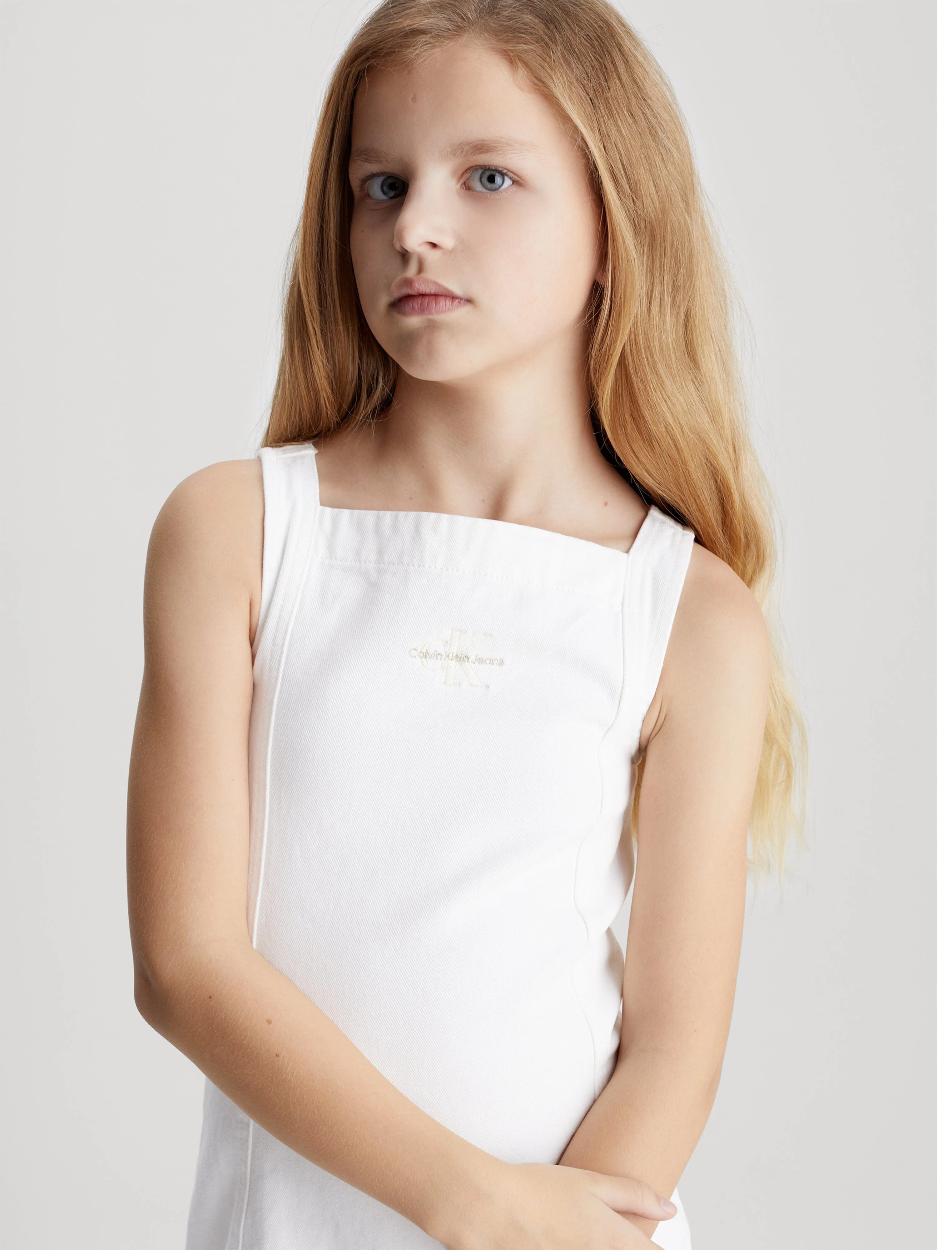 Calvin Klein Girls Button Denim Dress in Ivory