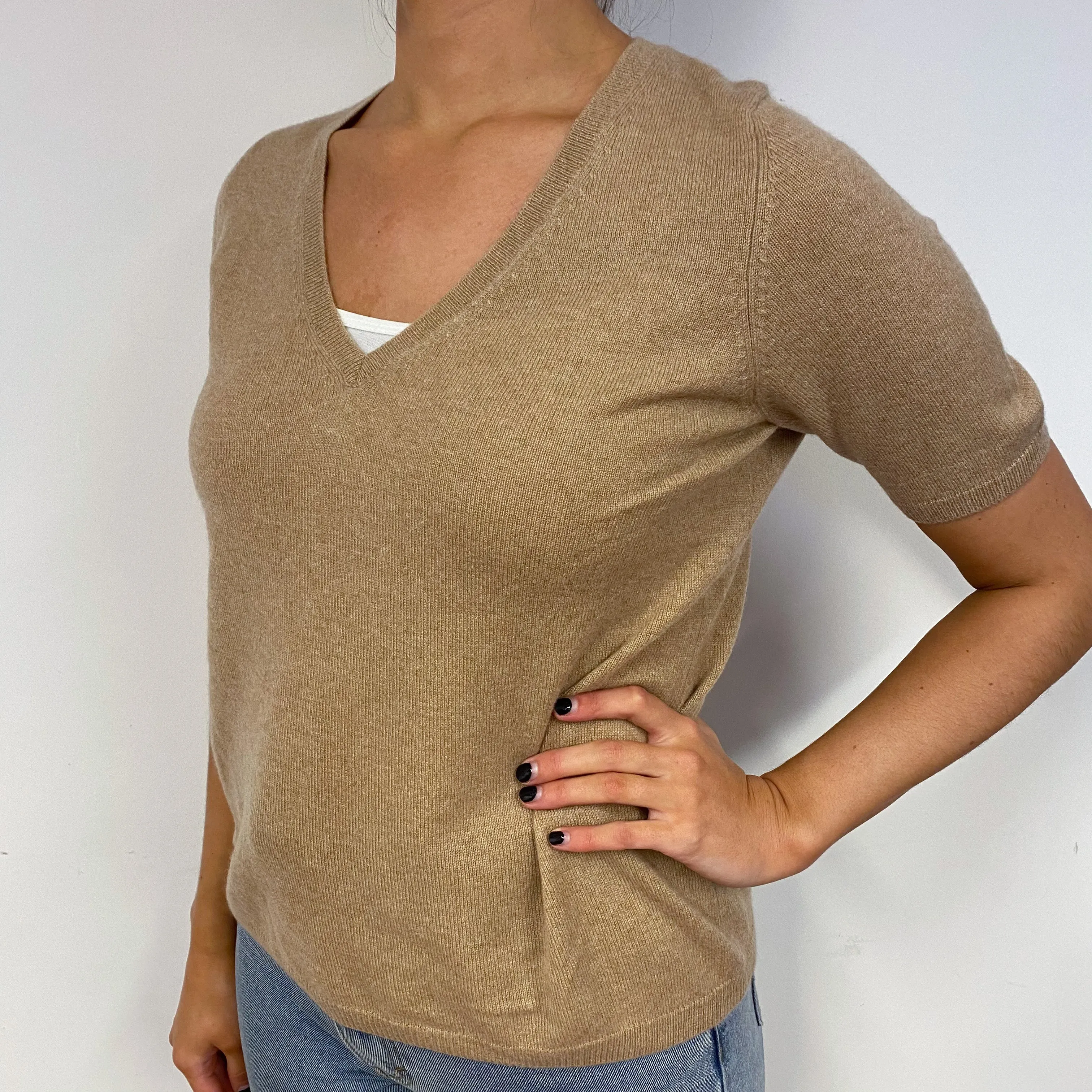 Camel Brown Cashmere Short Sleeved Jumper Small